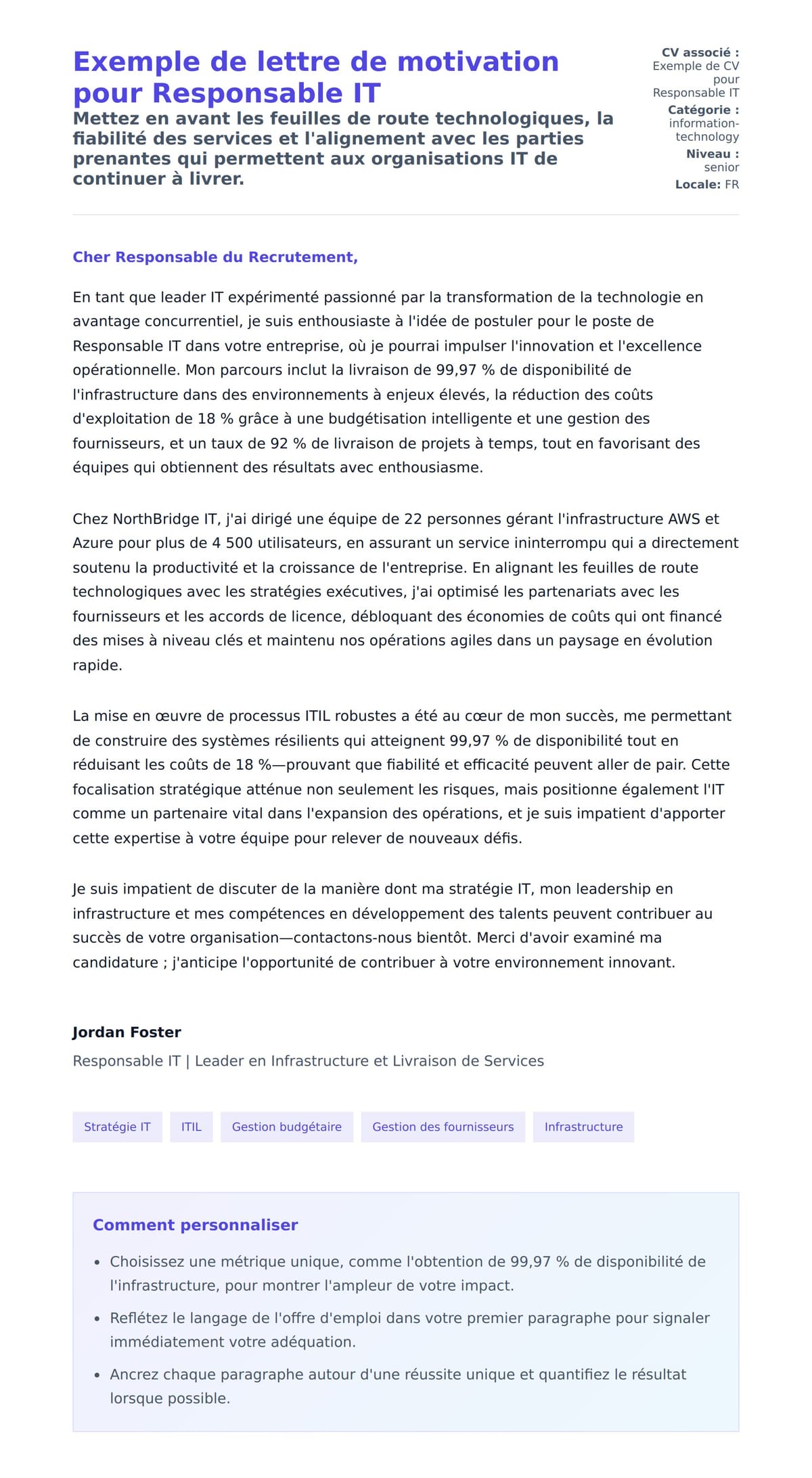 Aperçu de la lettre de motivation pour Exemple de lettre de motivation pour Responsable IT