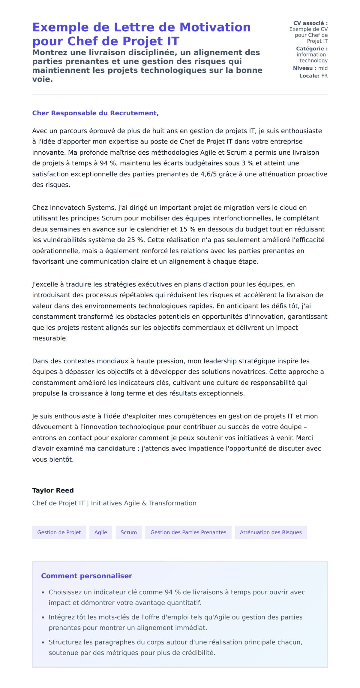 Aperçu de la lettre de motivation pour Exemple de Lettre de Motivation pour Chef de Projet IT