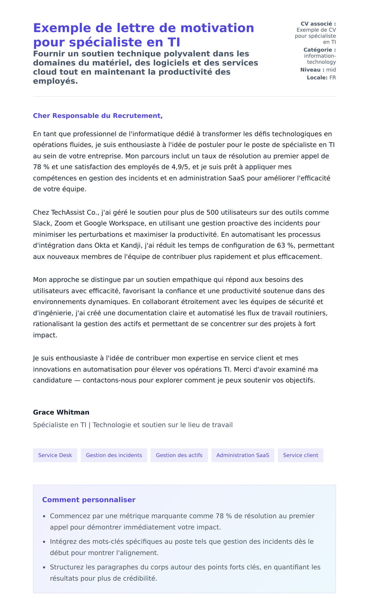 Aperçu de la lettre de motivation pour Exemple de lettre de motivation pour spécialiste en TI