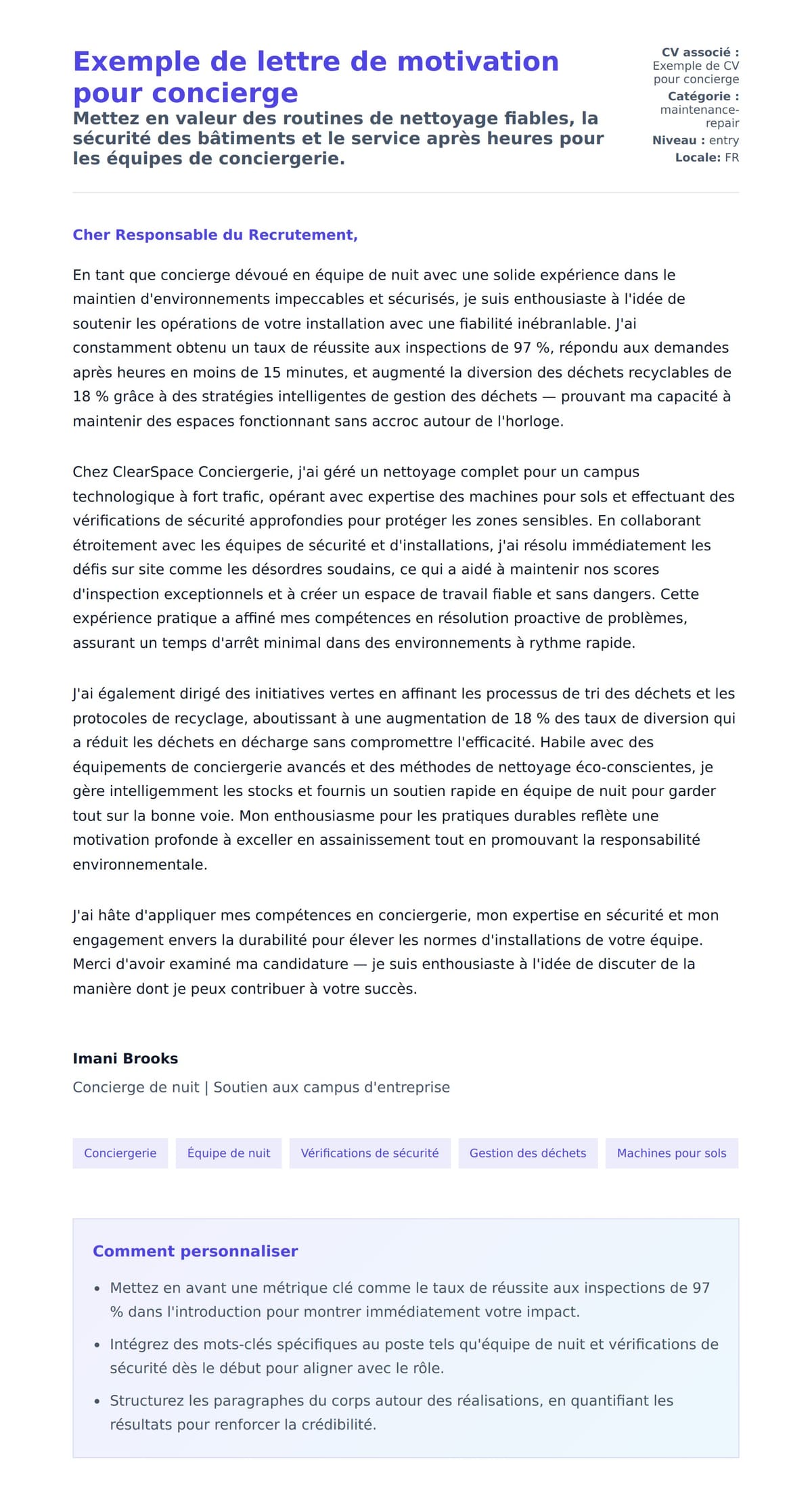 Aperçu de la lettre de motivation pour Exemple de lettre de motivation pour concierge