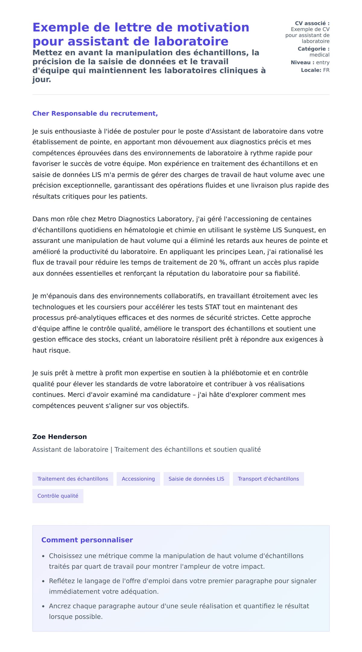 Aperçu de la lettre de motivation pour Exemple de lettre de motivation pour assistant de laboratoire