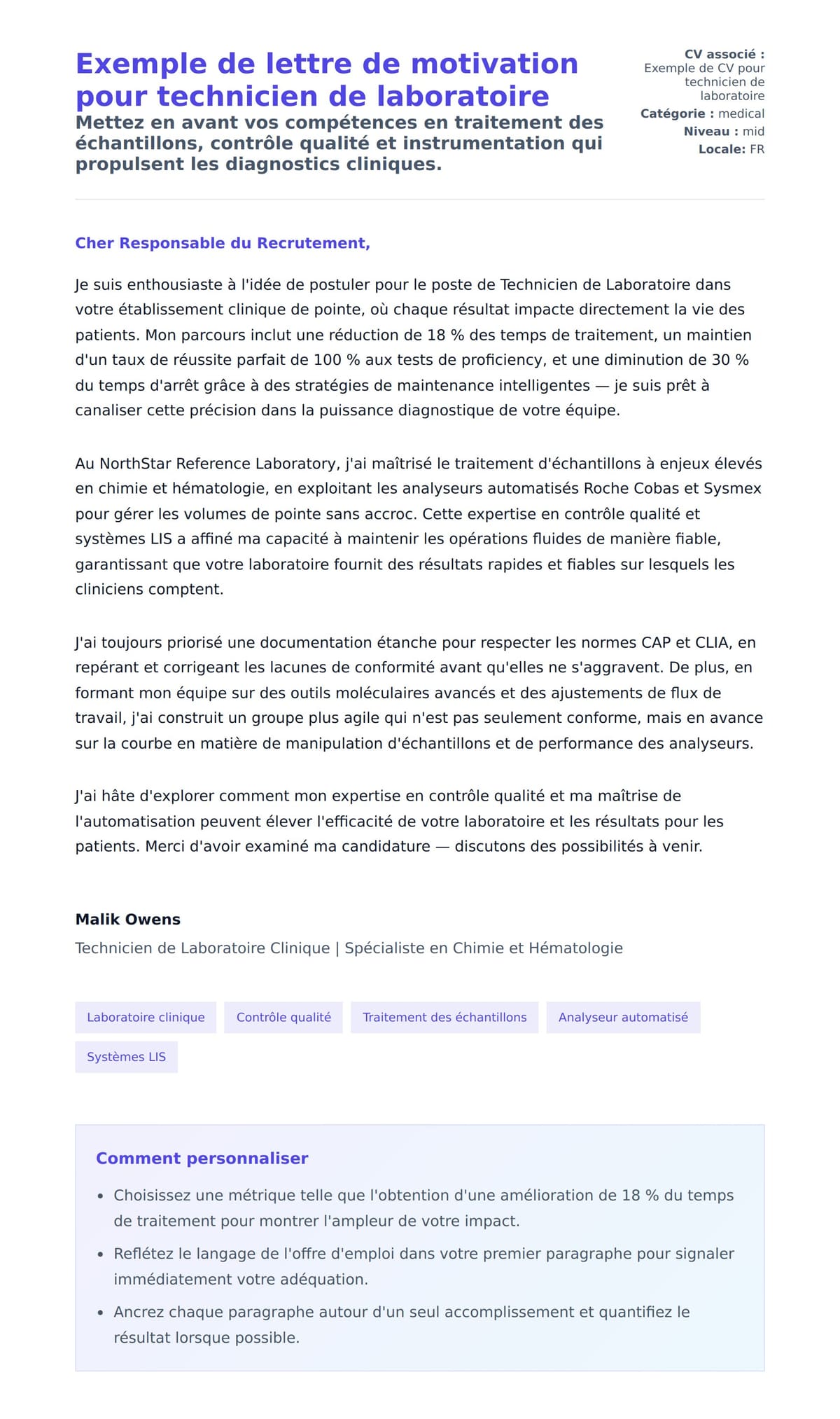 Aperçu de la lettre de motivation pour Exemple de lettre de motivation pour technicien de laboratoire