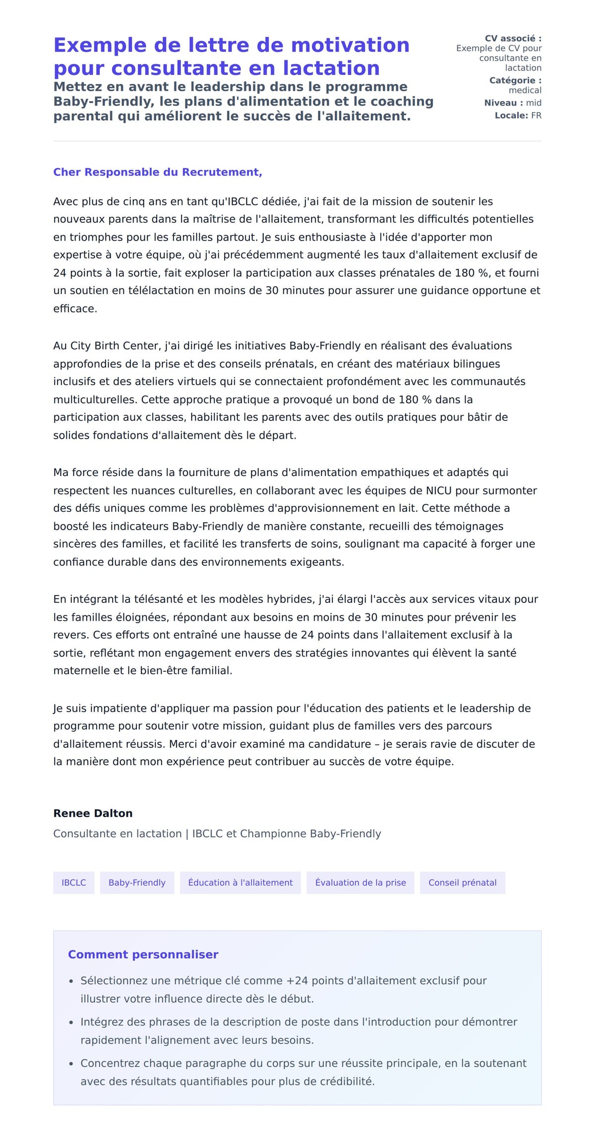 Aperçu de la lettre de motivation pour Exemple de lettre de motivation pour consultante en lactation