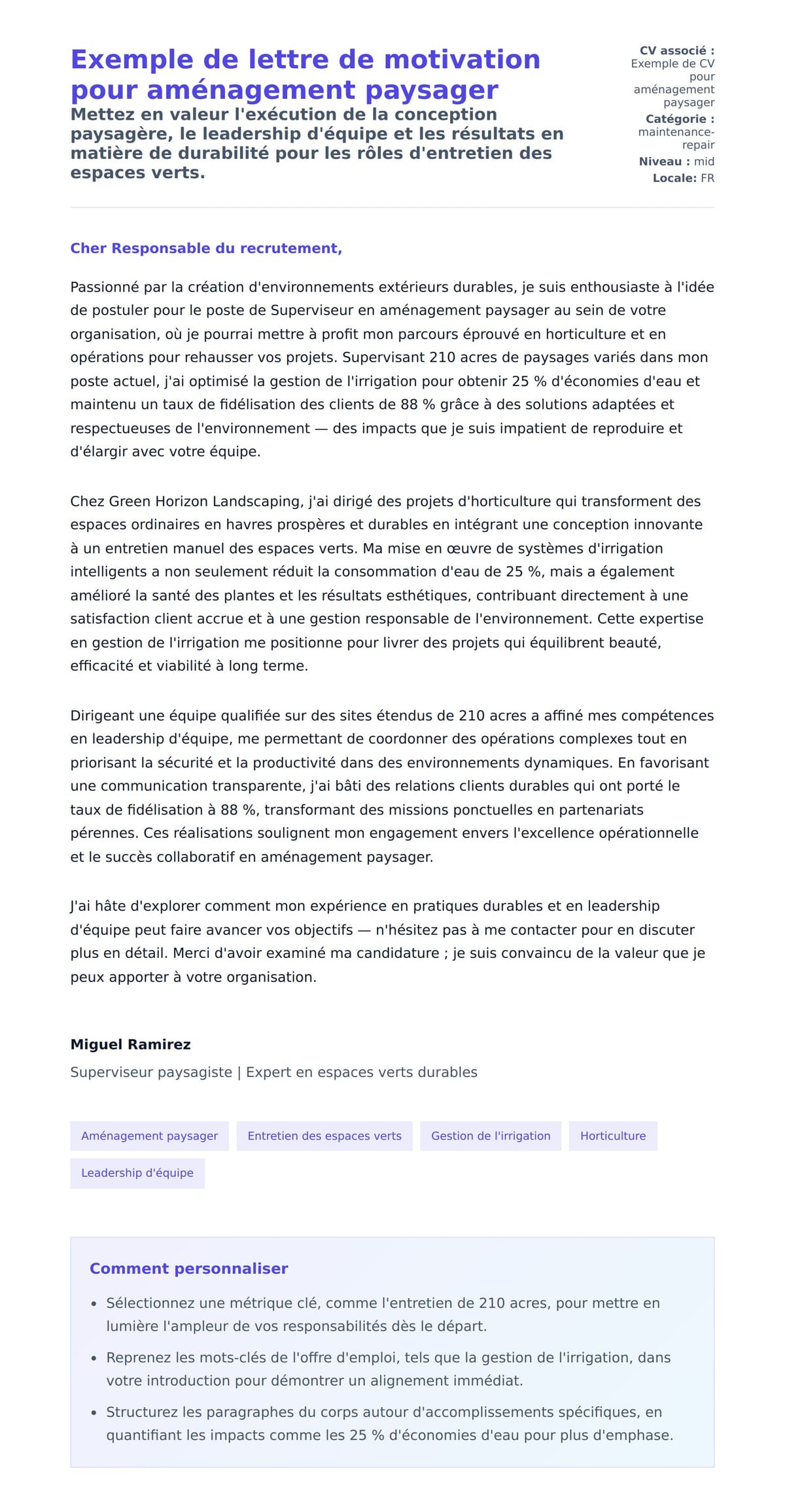 Aperçu de la lettre de motivation pour Exemple de lettre de motivation pour aménagement paysager