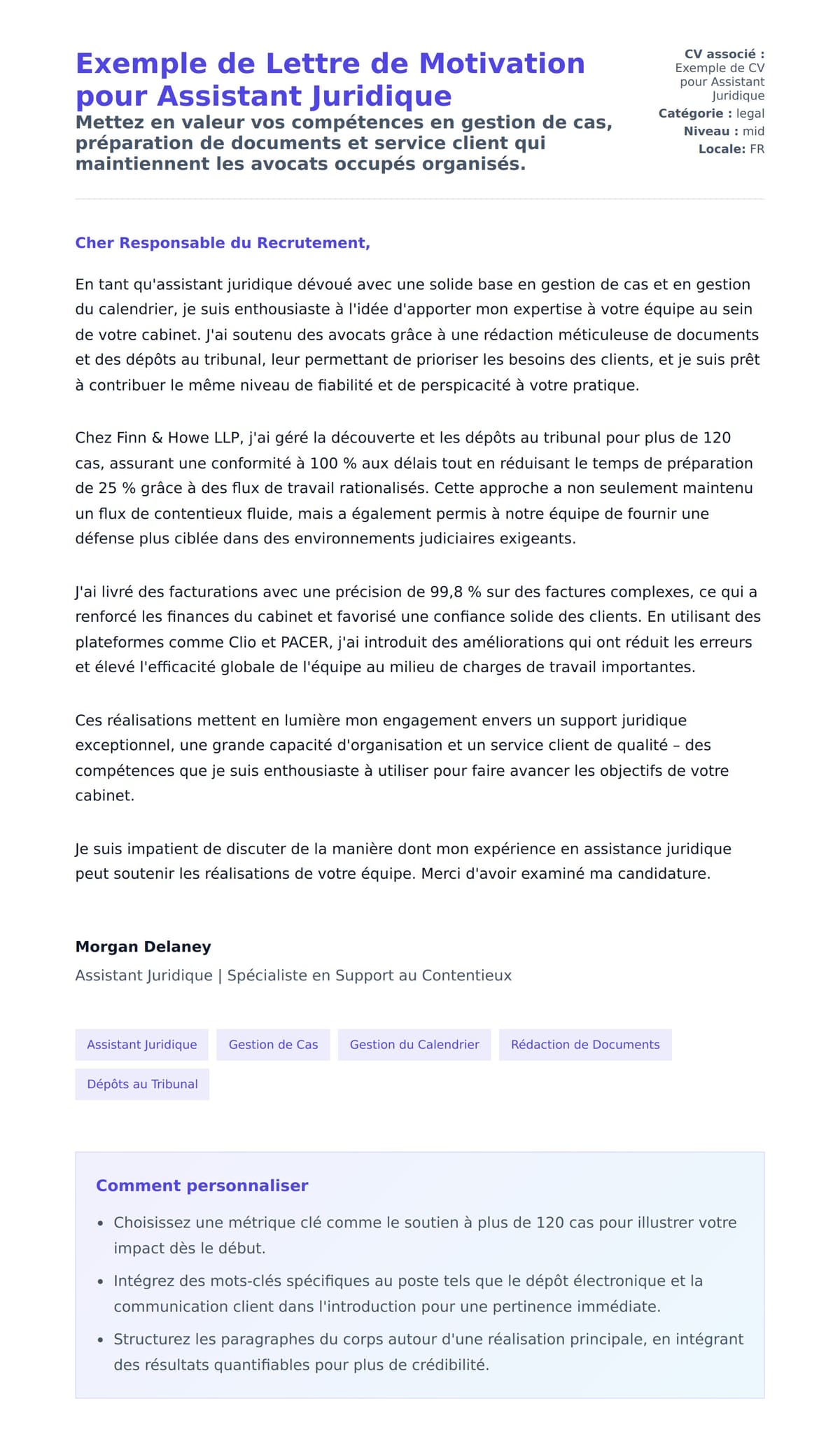 Aperçu de la lettre de motivation pour Exemple de Lettre de Motivation pour Assistant Juridique