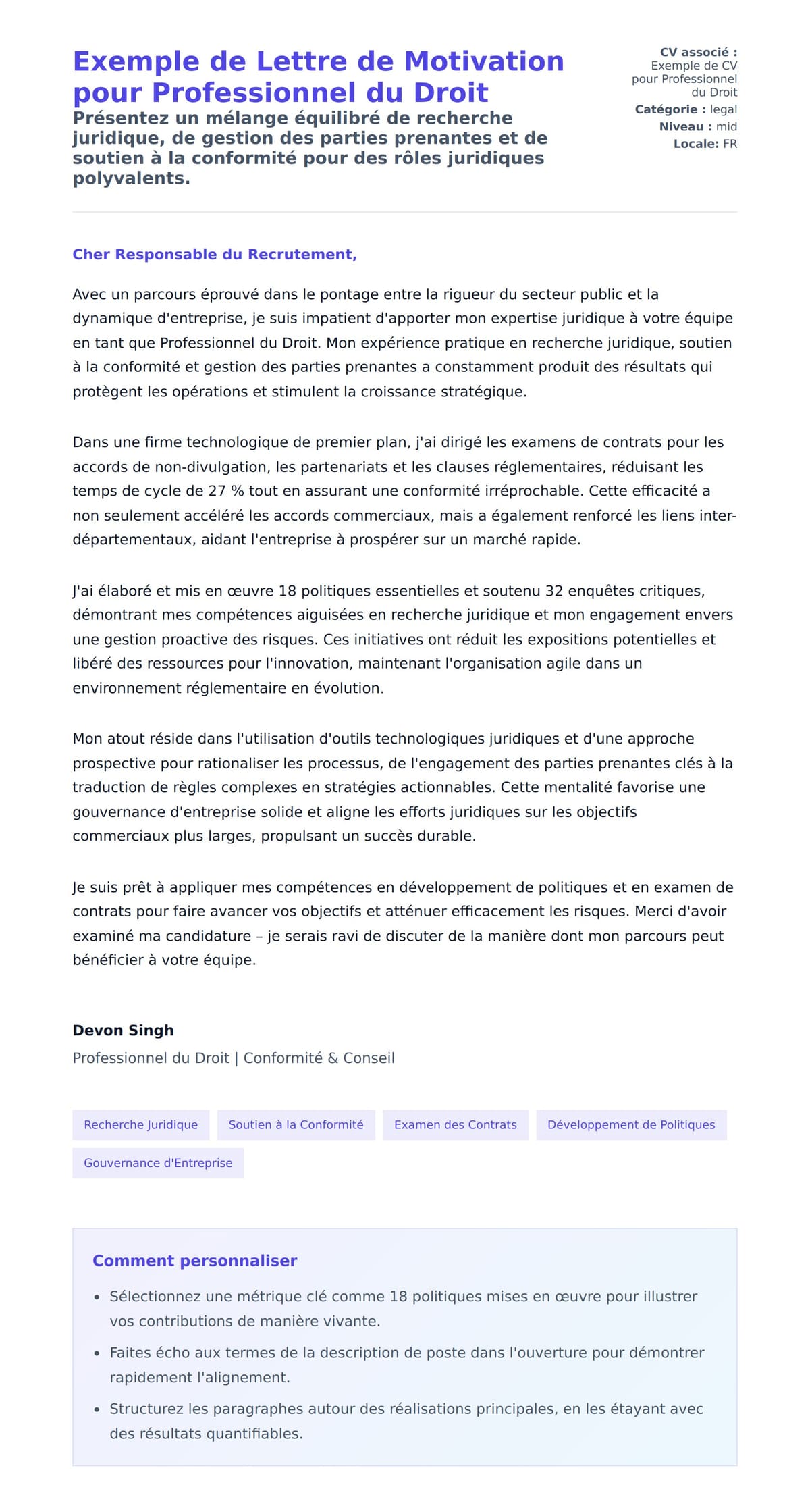 Aperçu de la lettre de motivation pour Exemple de Lettre de Motivation pour Professionnel du Droit