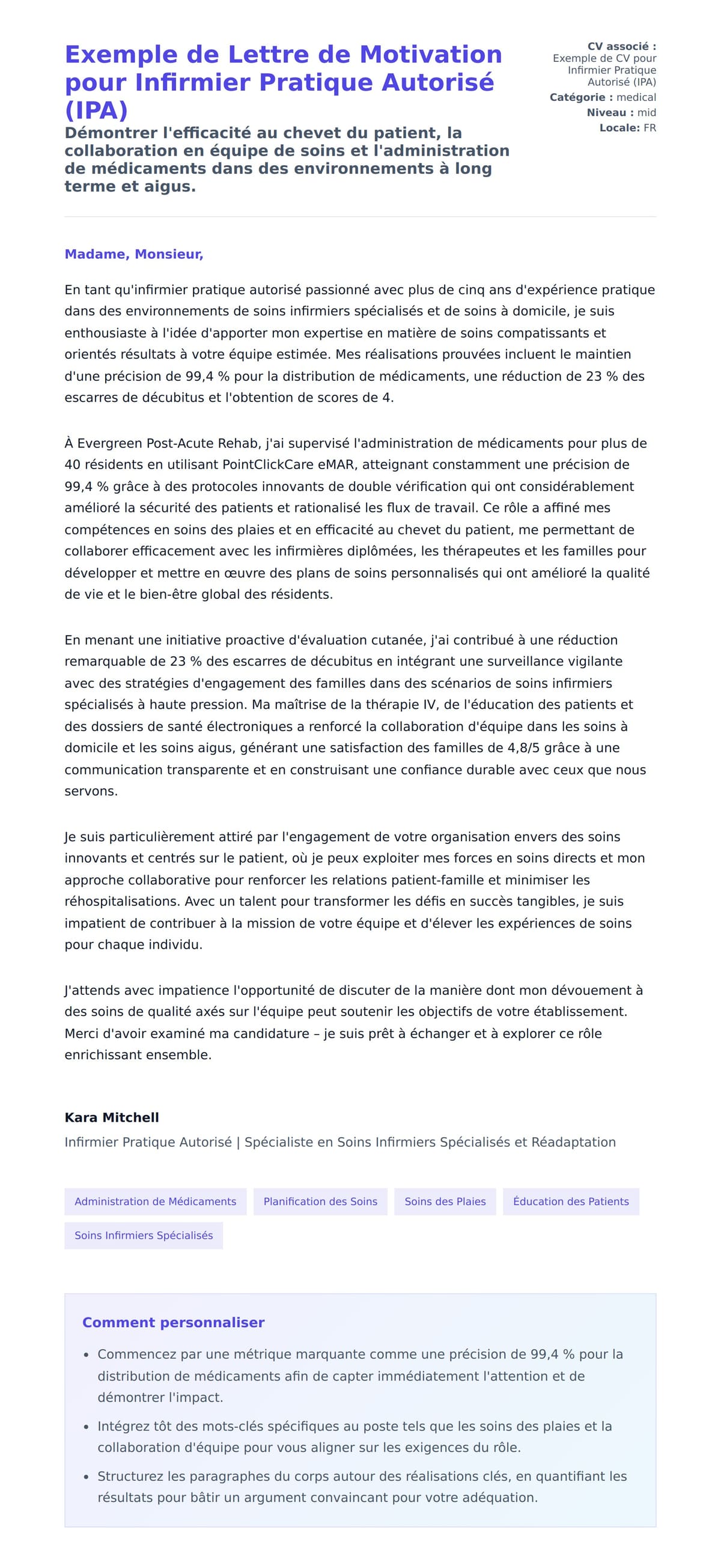 Aperçu de la lettre de motivation pour Exemple de Lettre de Motivation pour Infirmier Pratique Autorisé (IPA)