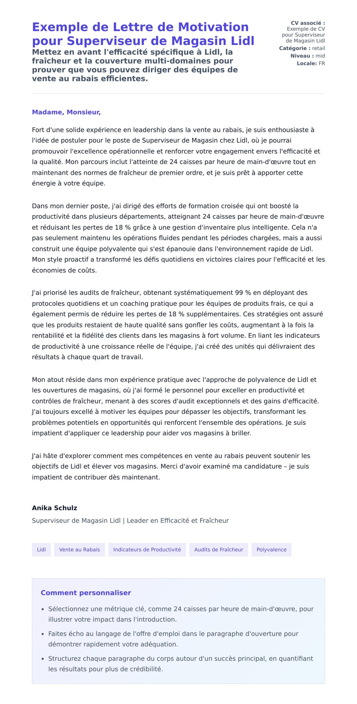 Aperçu de la lettre de motivation pour Exemple de Lettre de Motivation pour Superviseur de Magasin Lidl
