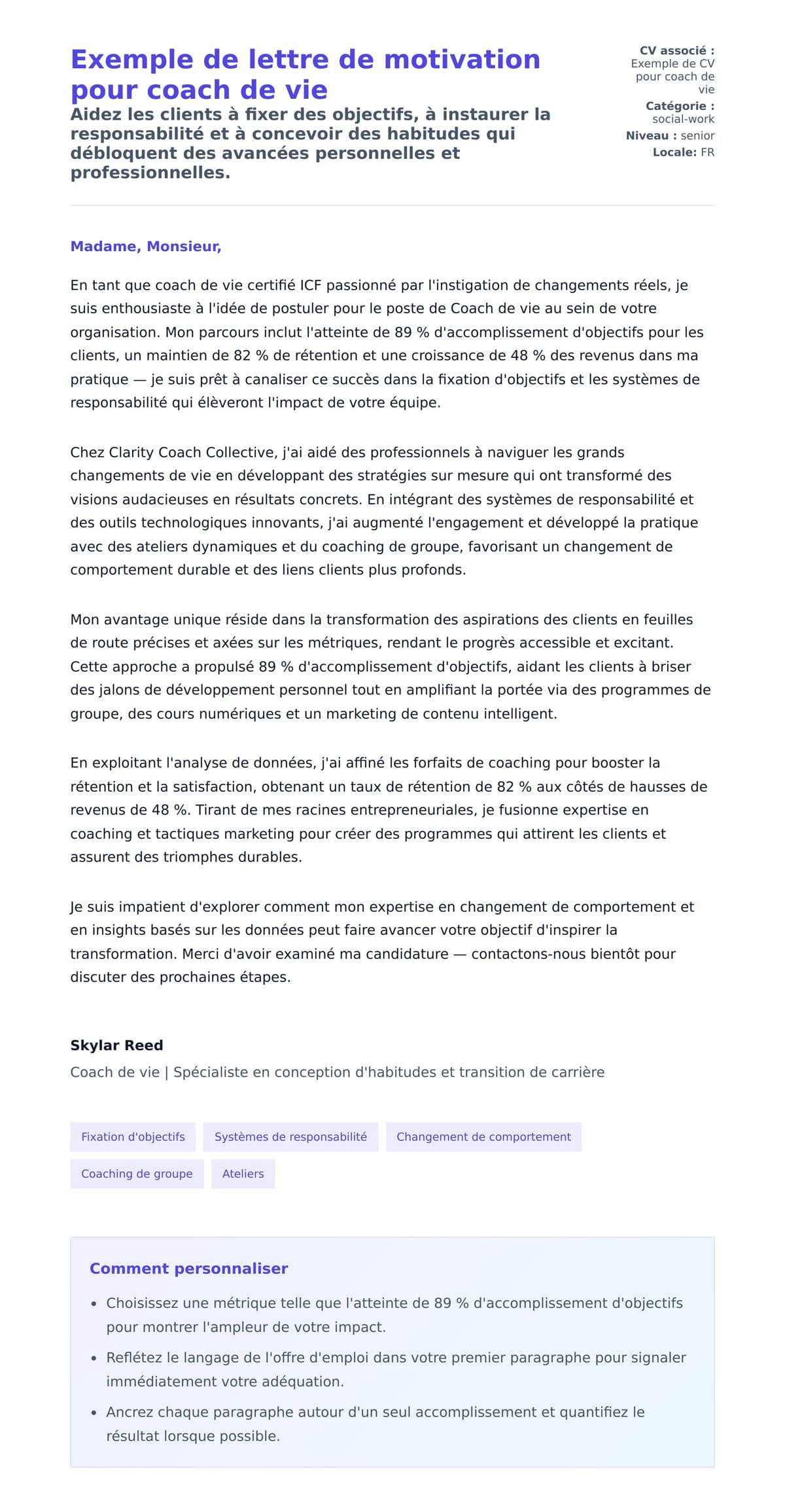 Aperçu de la lettre de motivation pour Exemple de lettre de motivation pour coach de vie