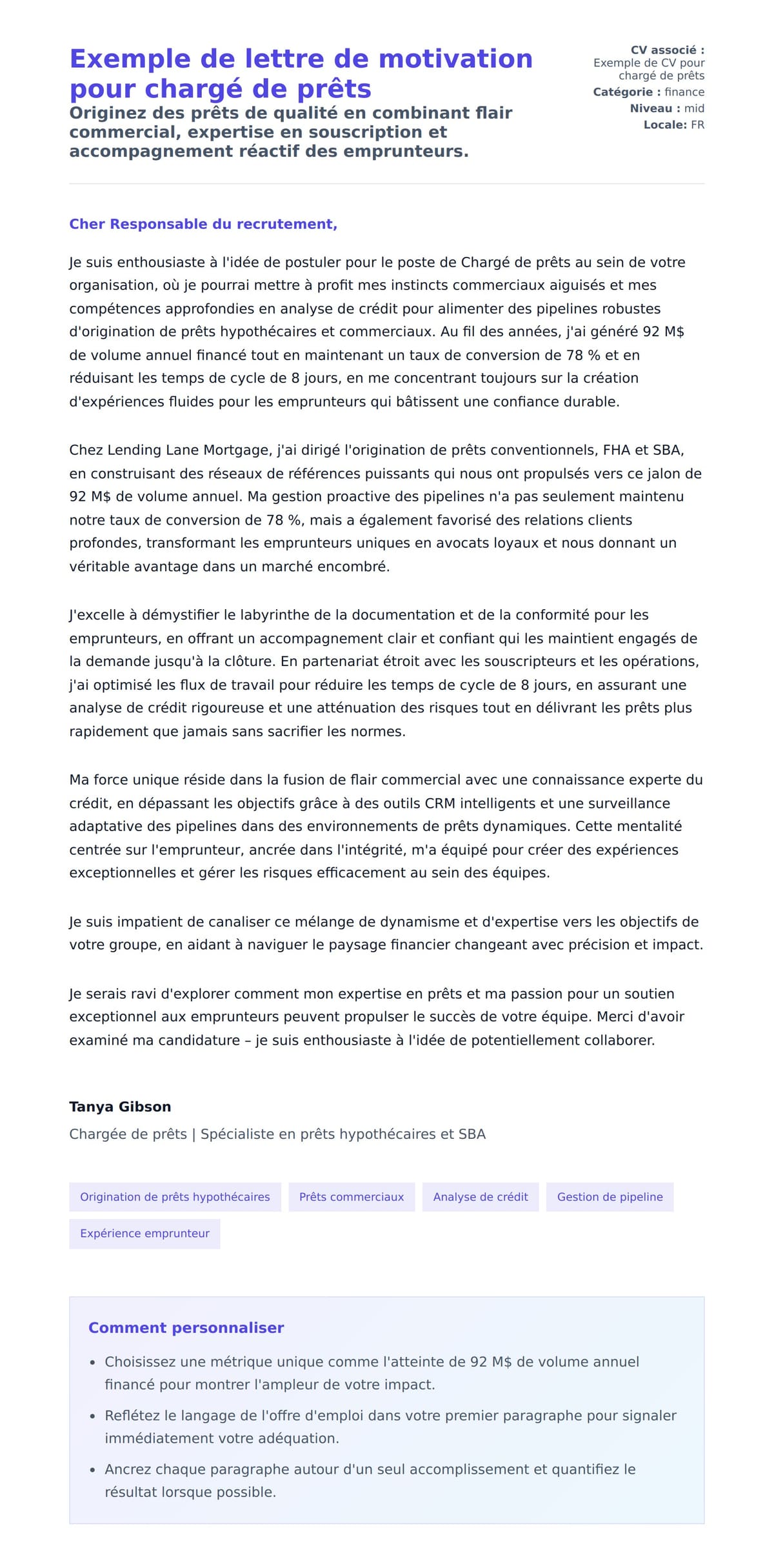 Aperçu de la lettre de motivation pour Exemple de lettre de motivation pour chargé de prêts