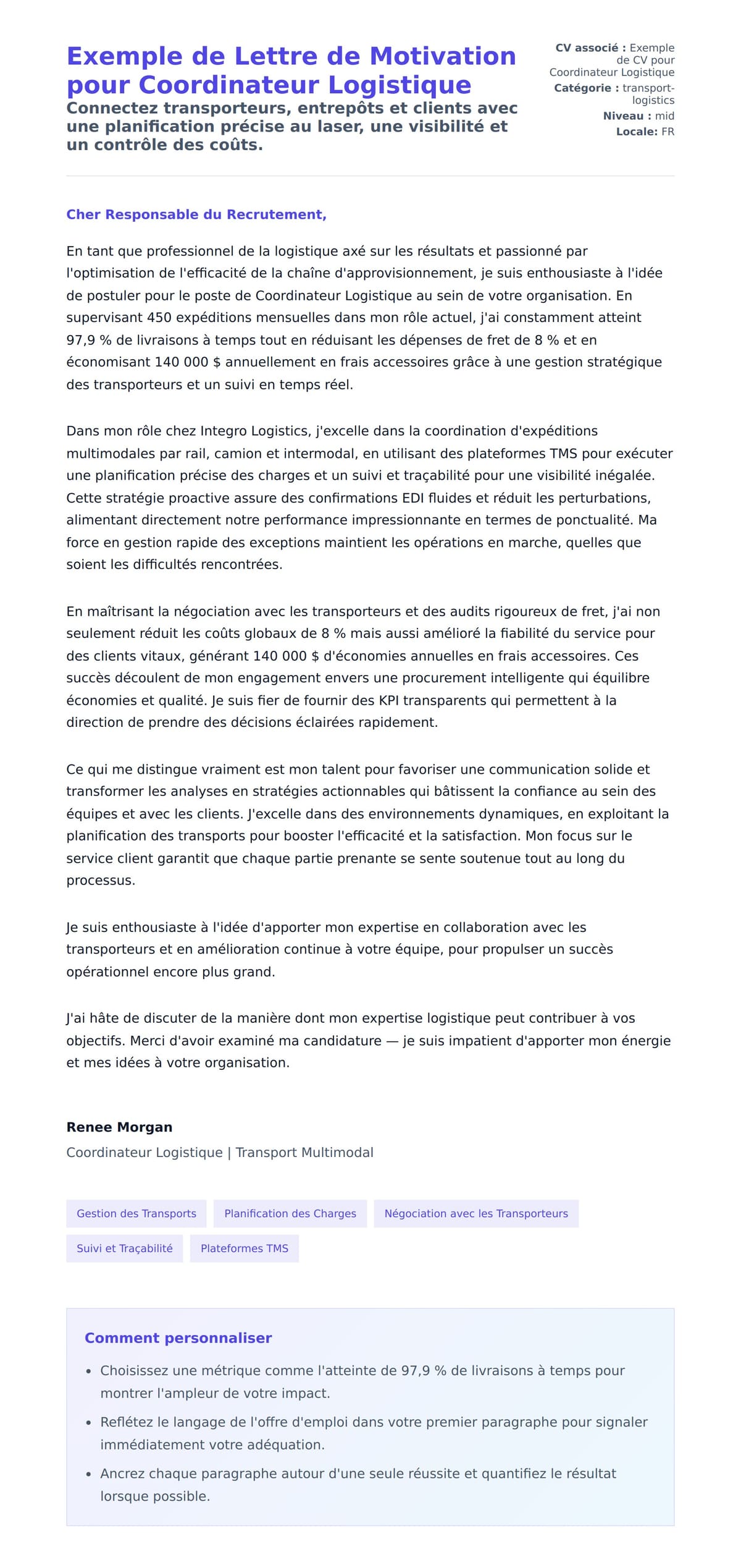 Aperçu de la lettre de motivation pour Exemple de Lettre de Motivation pour Coordinateur Logistique