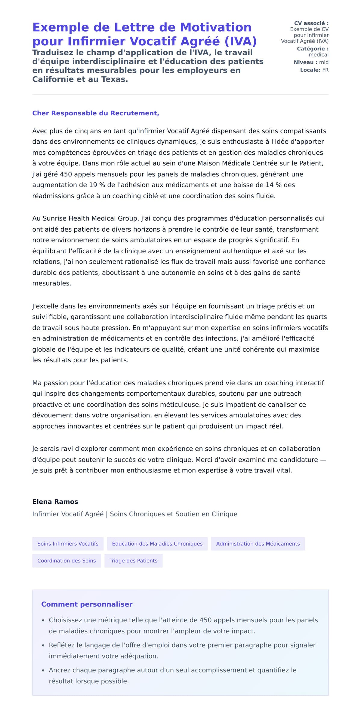 Aperçu de la lettre de motivation pour Exemple de Lettre de Motivation pour Infirmier Vocatif Agréé (IVA)