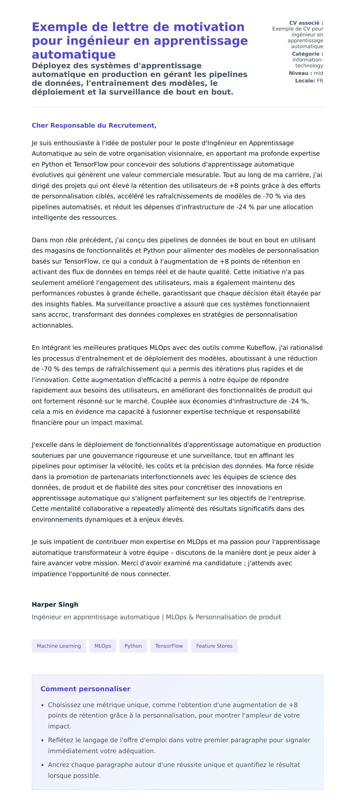 Aperçu de la lettre de motivation pour Exemple de lettre de motivation pour ingénieur en apprentissage automatique