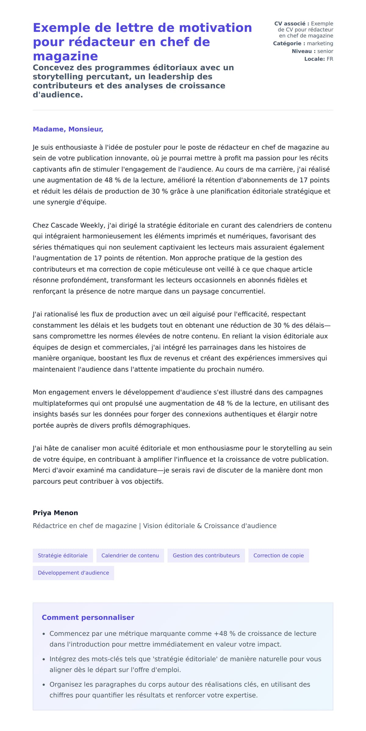 Aperçu de la lettre de motivation pour Exemple de lettre de motivation pour rédacteur en chef de magazine