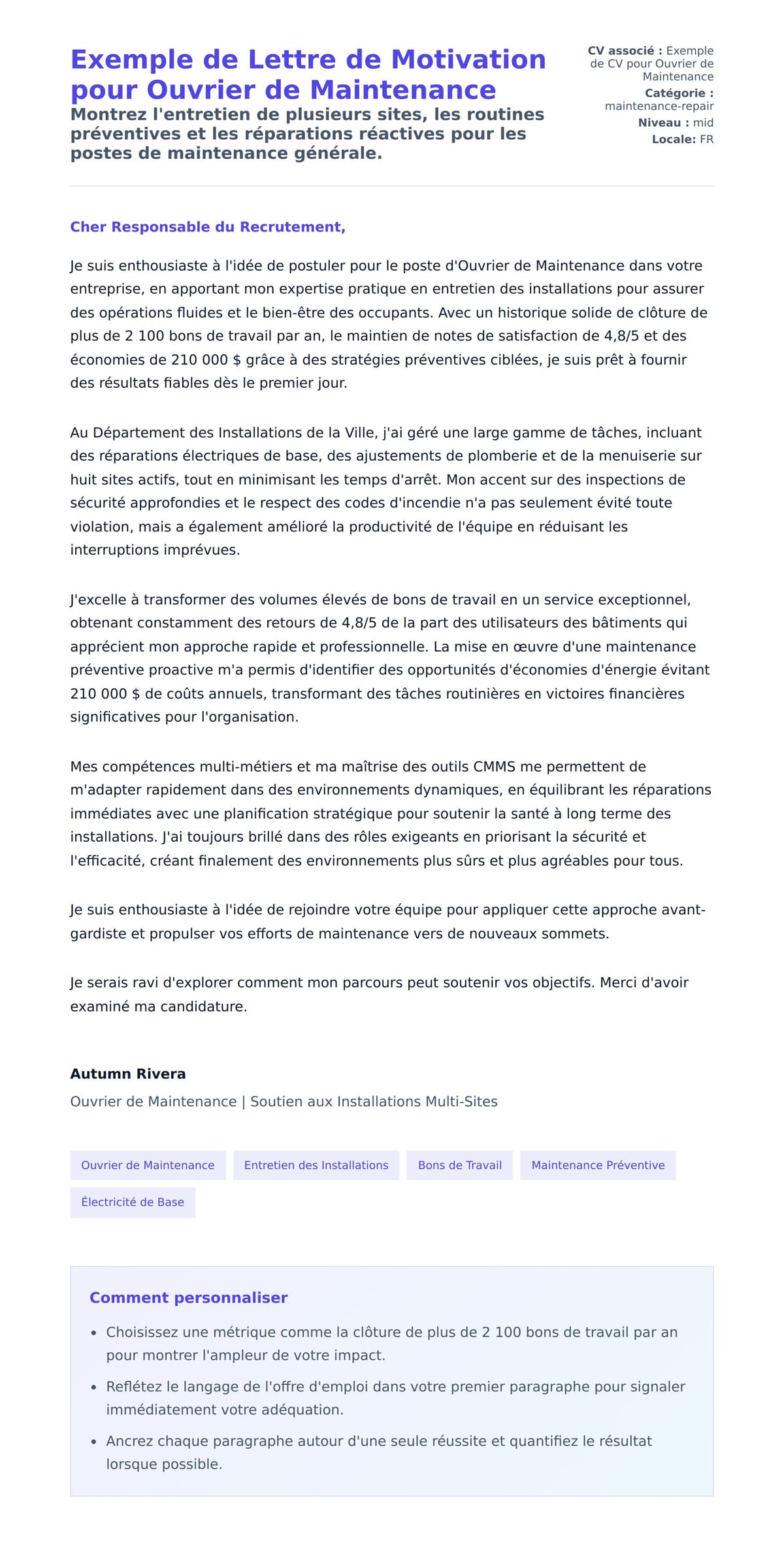 Aperçu de la lettre de motivation pour Exemple de Lettre de Motivation pour Ouvrier de Maintenance