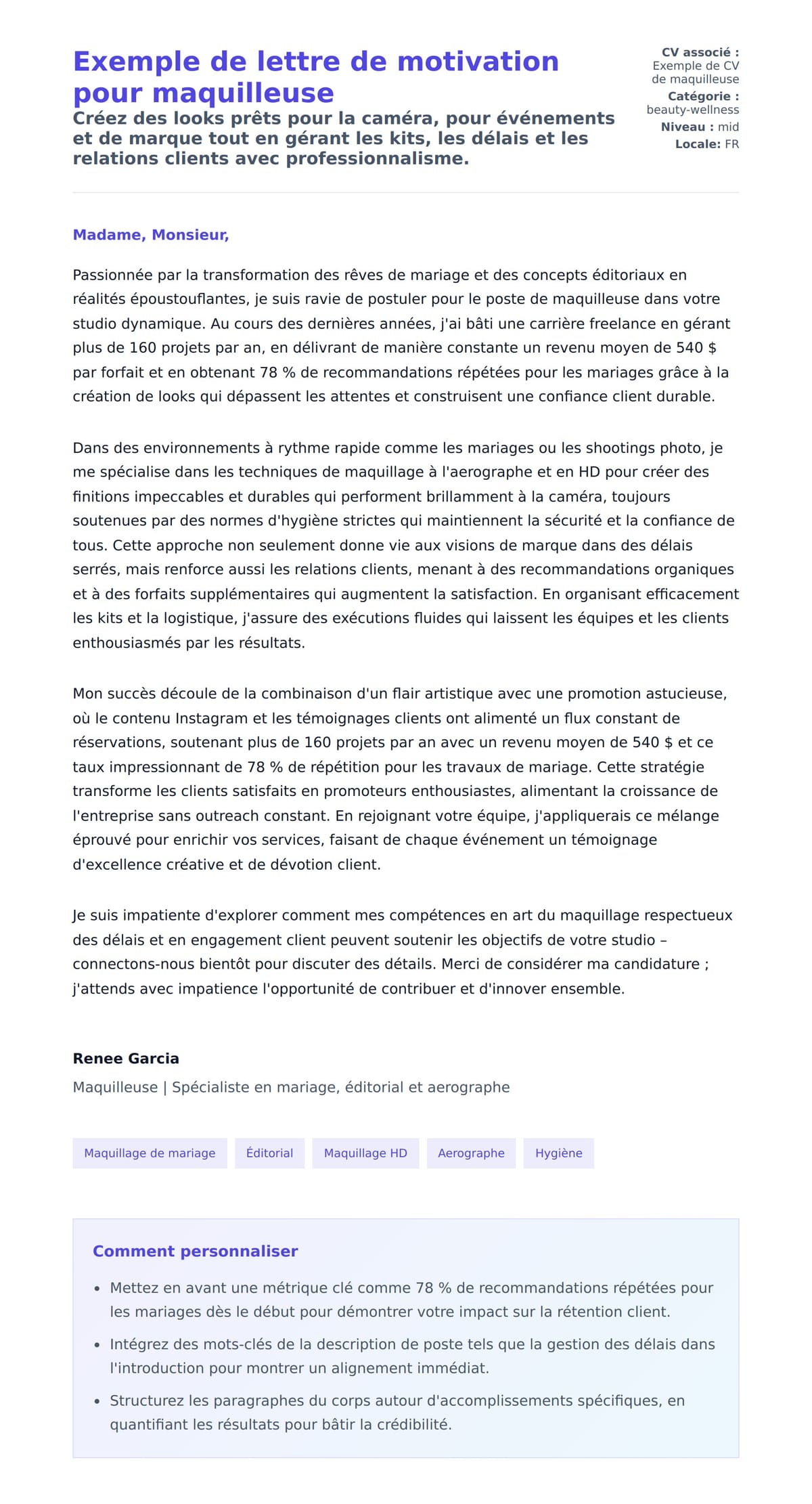 Exemple de lettre de motivation pour maquilleuse
