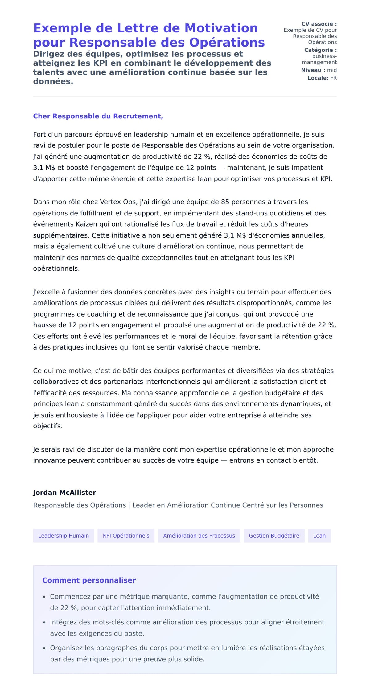 Aperçu de la lettre de motivation pour Exemple de Lettre de Motivation pour Responsable des Opérations