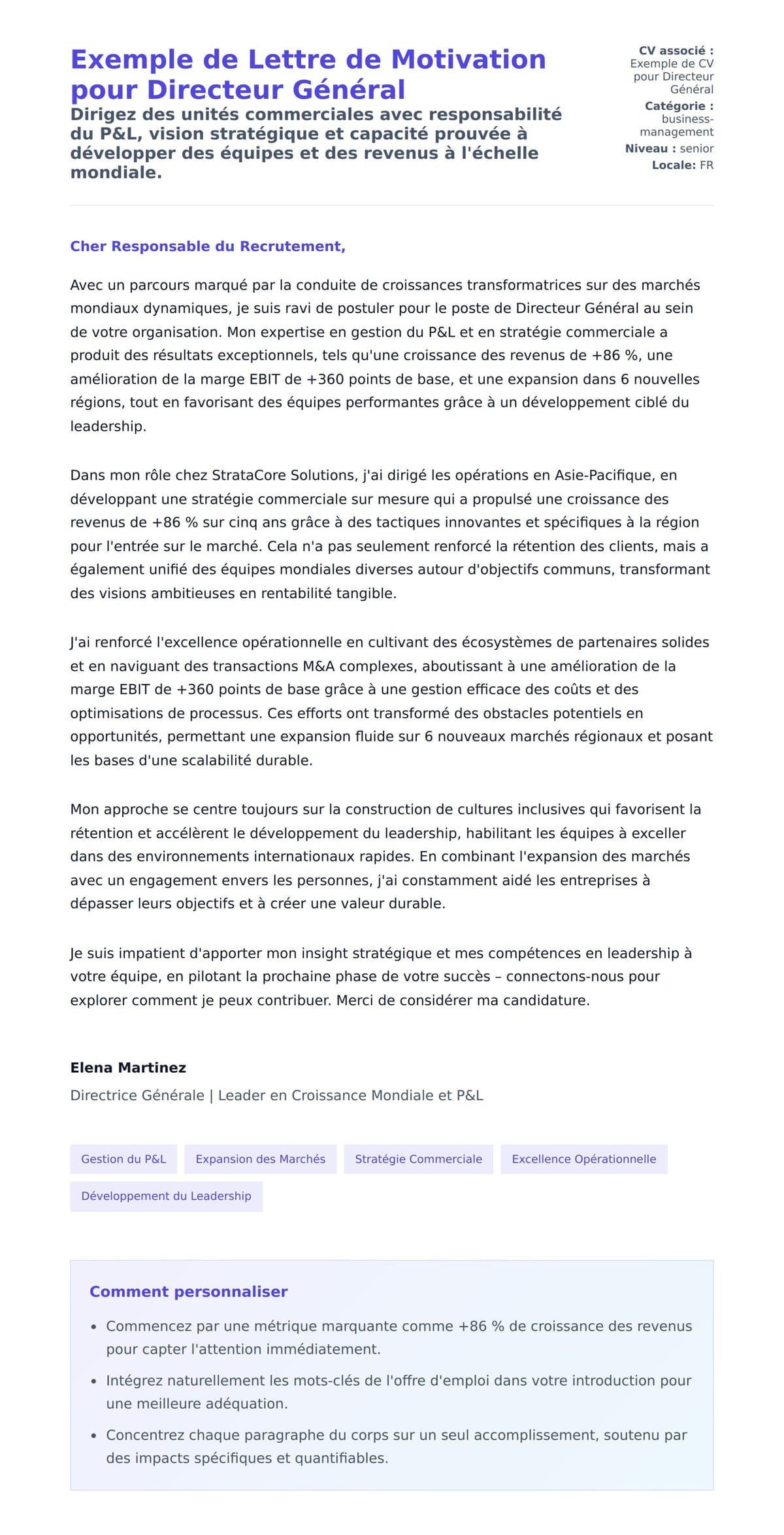 Aperçu de la lettre de motivation pour Exemple de Lettre de Motivation pour Directeur Général