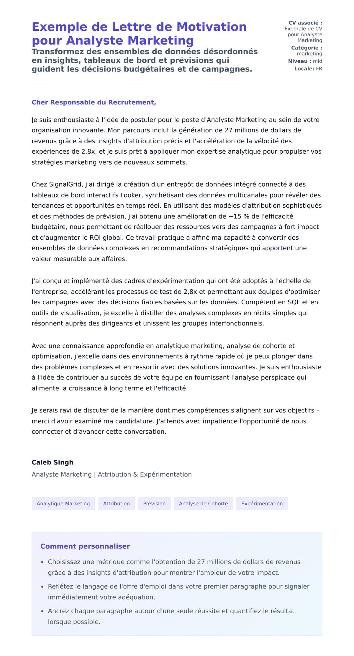 Aperçu de la lettre de motivation pour Exemple de Lettre de Motivation pour Analyste Marketing
