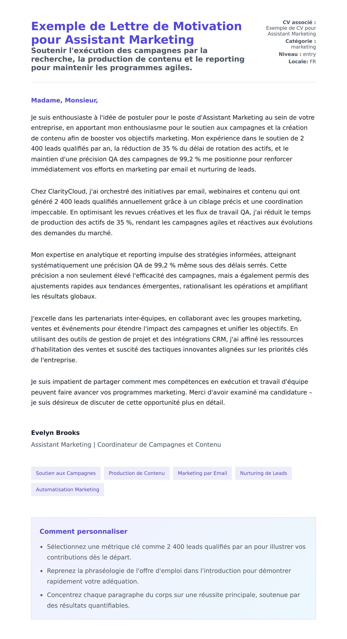 Aperçu de la lettre de motivation pour Exemple de Lettre de Motivation pour Assistant Marketing