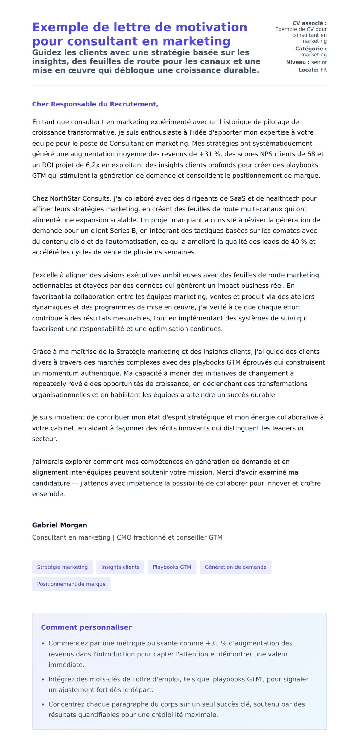 Aperçu de la lettre de motivation pour Exemple de lettre de motivation pour consultant en marketing