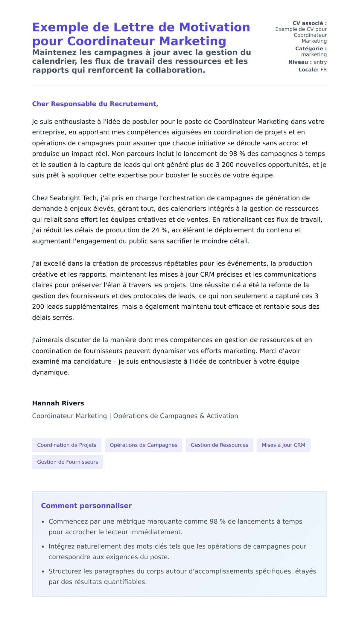 Aperçu de la lettre de motivation pour Exemple de Lettre de Motivation pour Coordinateur Marketing