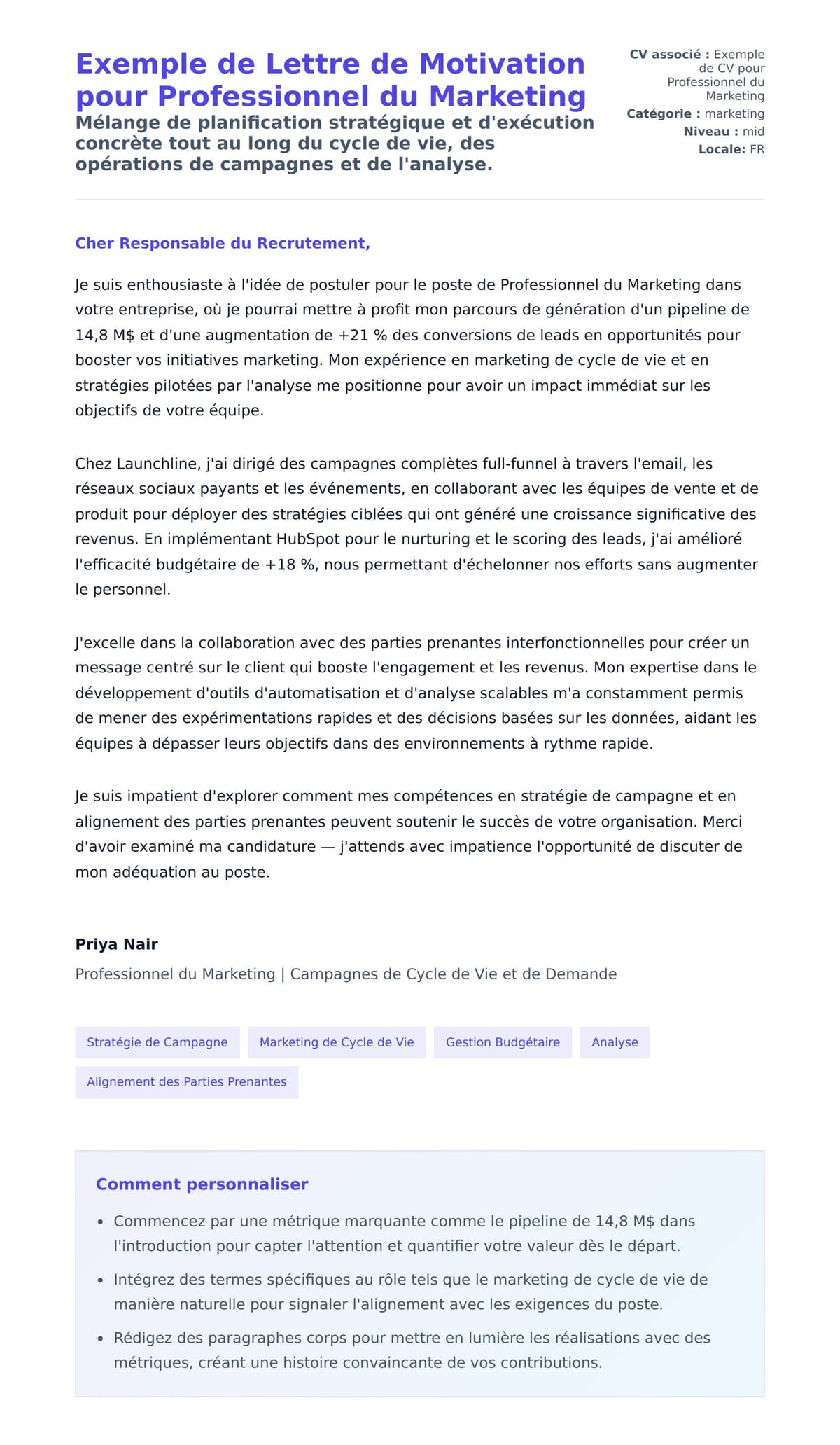 Aperçu de la lettre de motivation pour Exemple de Lettre de Motivation pour Professionnel du Marketing