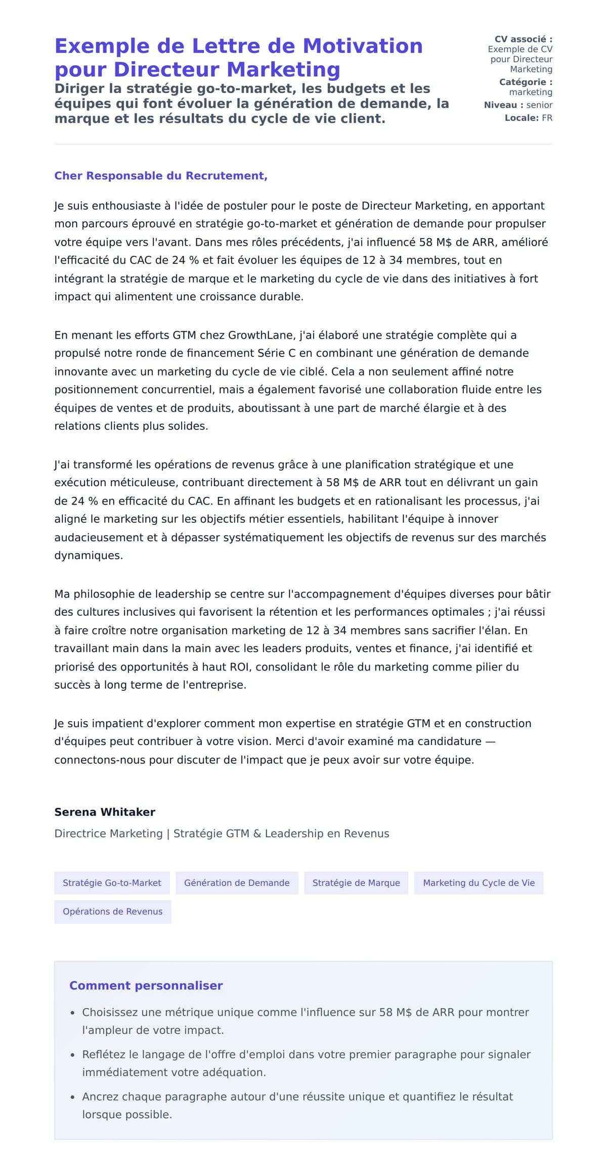 Aperçu de la lettre de motivation pour Exemple de Lettre de Motivation pour Directeur Marketing