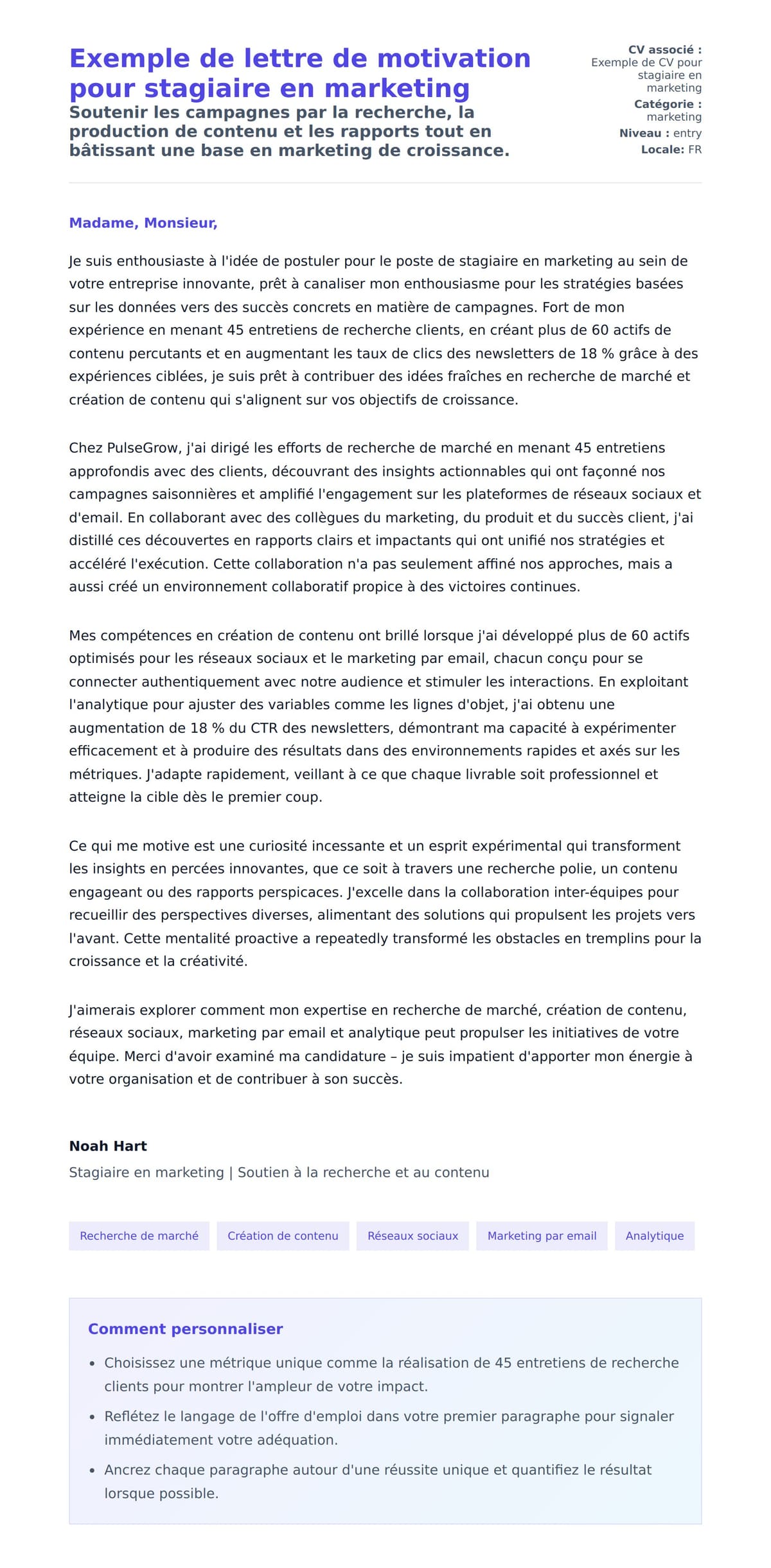 Aperçu de la lettre de motivation pour Exemple de lettre de motivation pour stagiaire en marketing
