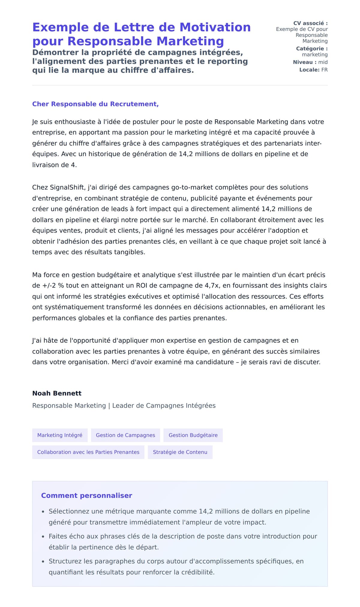 Aperçu de la lettre de motivation pour Exemple de Lettre de Motivation pour Responsable Marketing