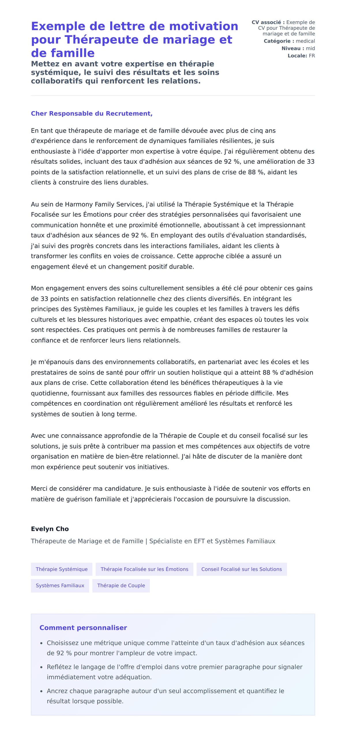 Aperçu de la lettre de motivation pour Exemple de lettre de motivation pour Thérapeute de mariage et de famille
