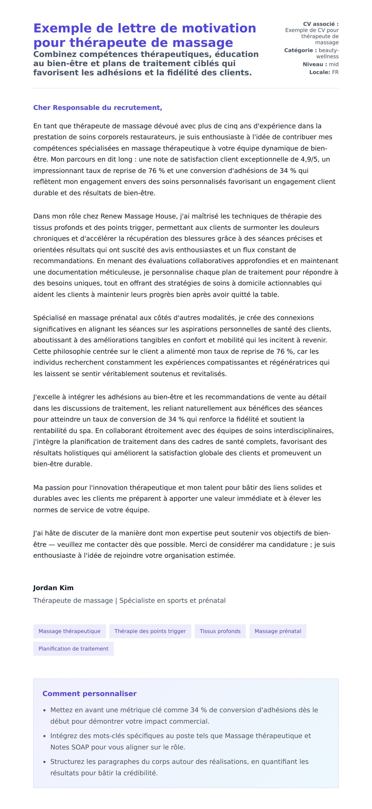 Exemple de lettre de motivation pour thérapeute de massage
