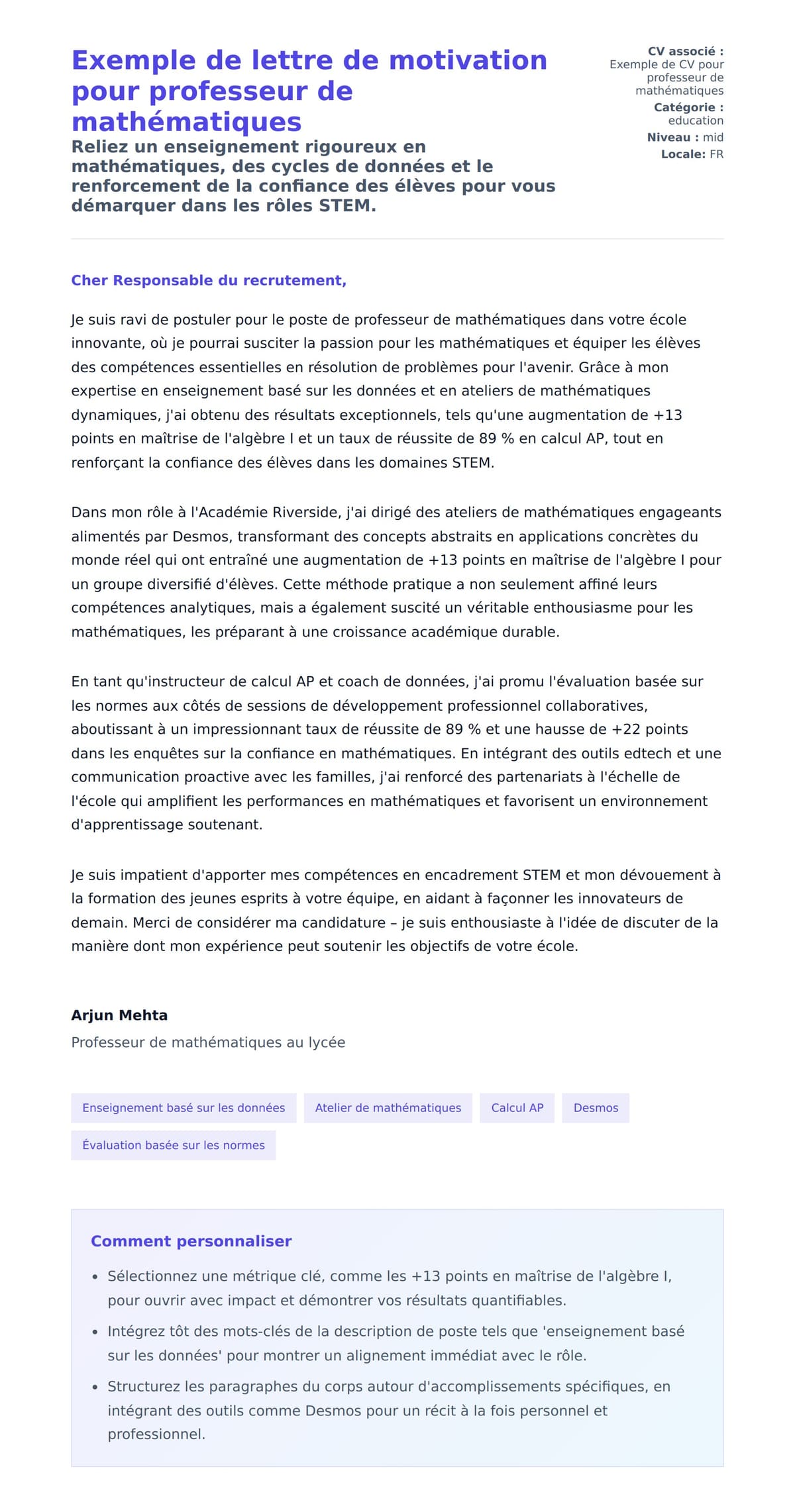Aperçu de la lettre de motivation pour Exemple de lettre de motivation pour professeur de mathématiques