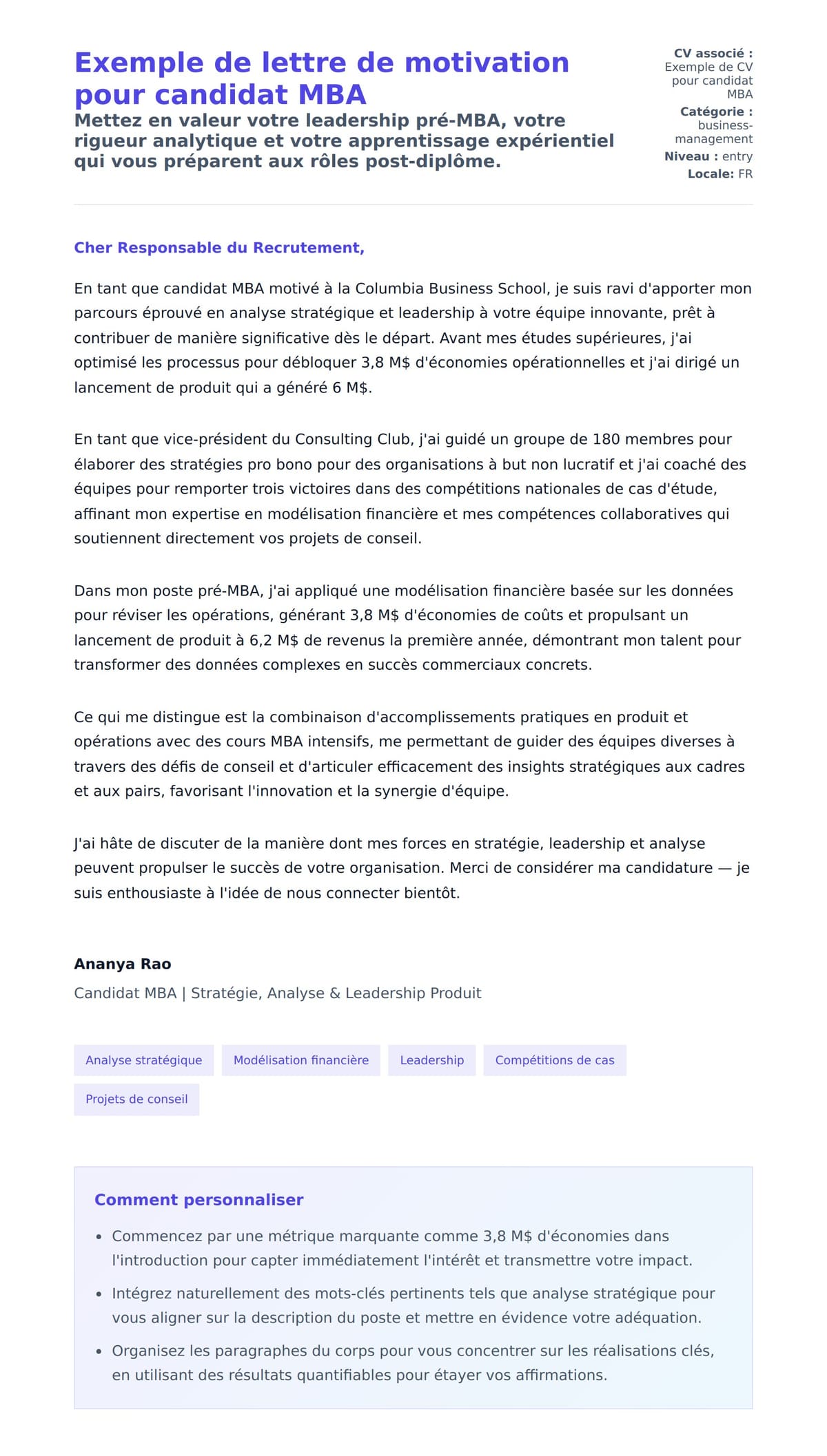 Aperçu de la lettre de motivation pour Exemple de lettre de motivation pour candidat MBA