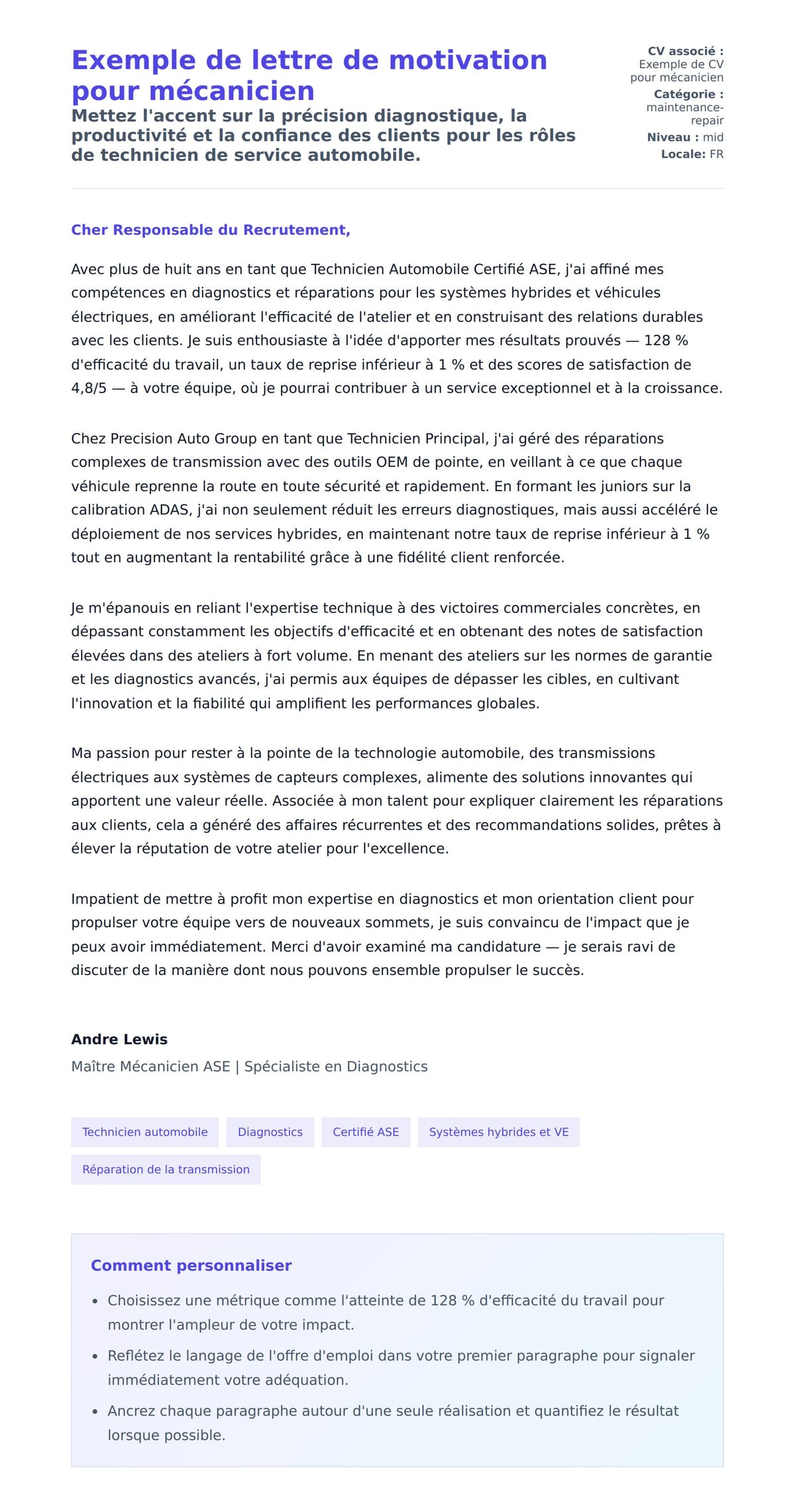 Aperçu de la lettre de motivation pour Exemple de lettre de motivation pour mécanicien