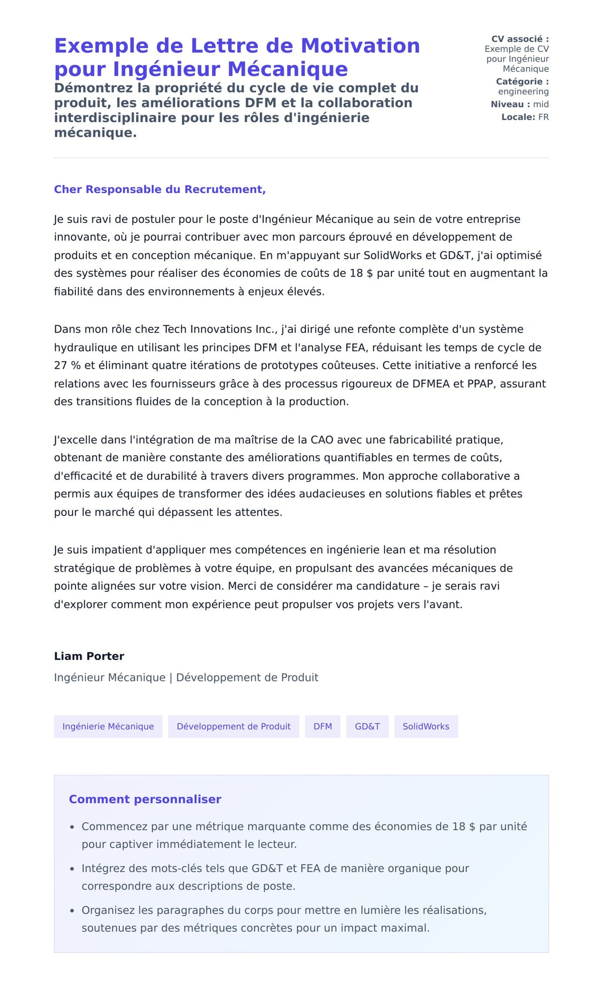 Aperçu de la lettre de motivation pour Exemple de Lettre de Motivation pour Ingénieur Mécanique