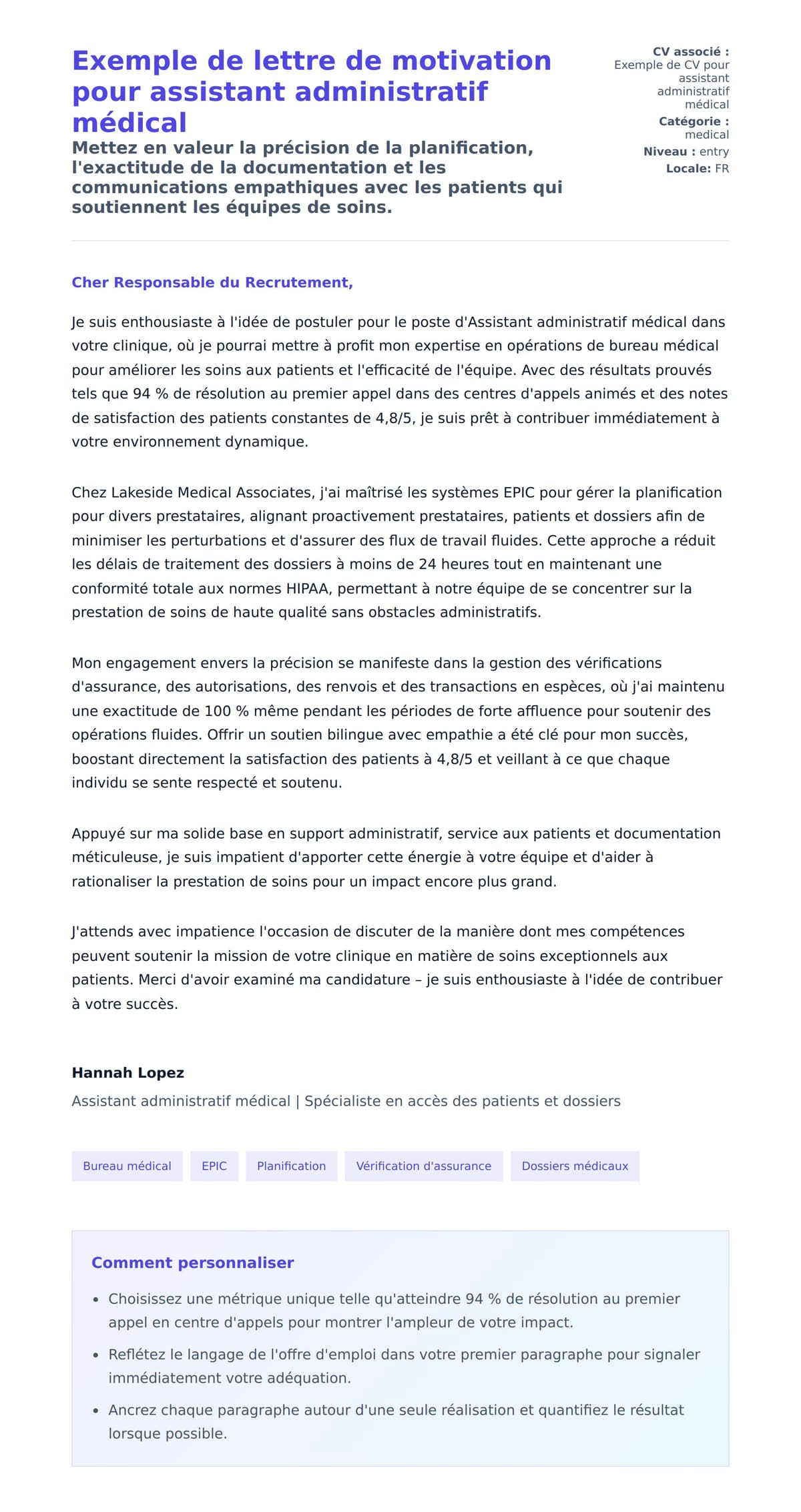 Aperçu de la lettre de motivation pour Exemple de lettre de motivation pour assistant administratif médical