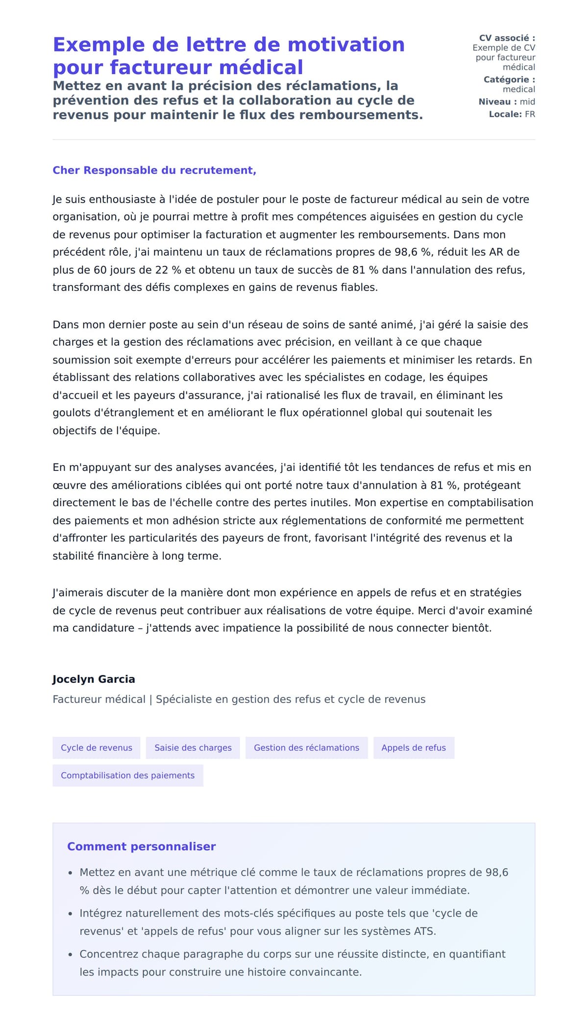 Aperçu de la lettre de motivation pour Exemple de lettre de motivation pour factureur médical