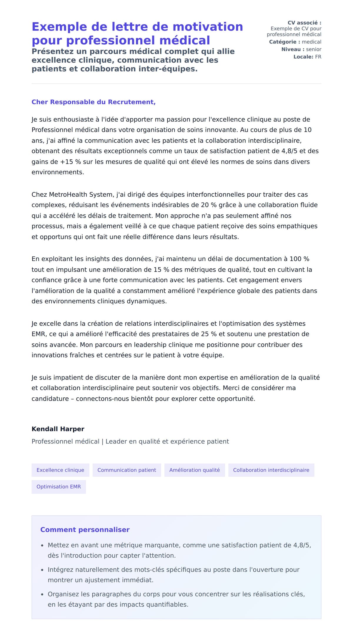 Aperçu de la lettre de motivation pour Exemple de lettre de motivation pour professionnel médical