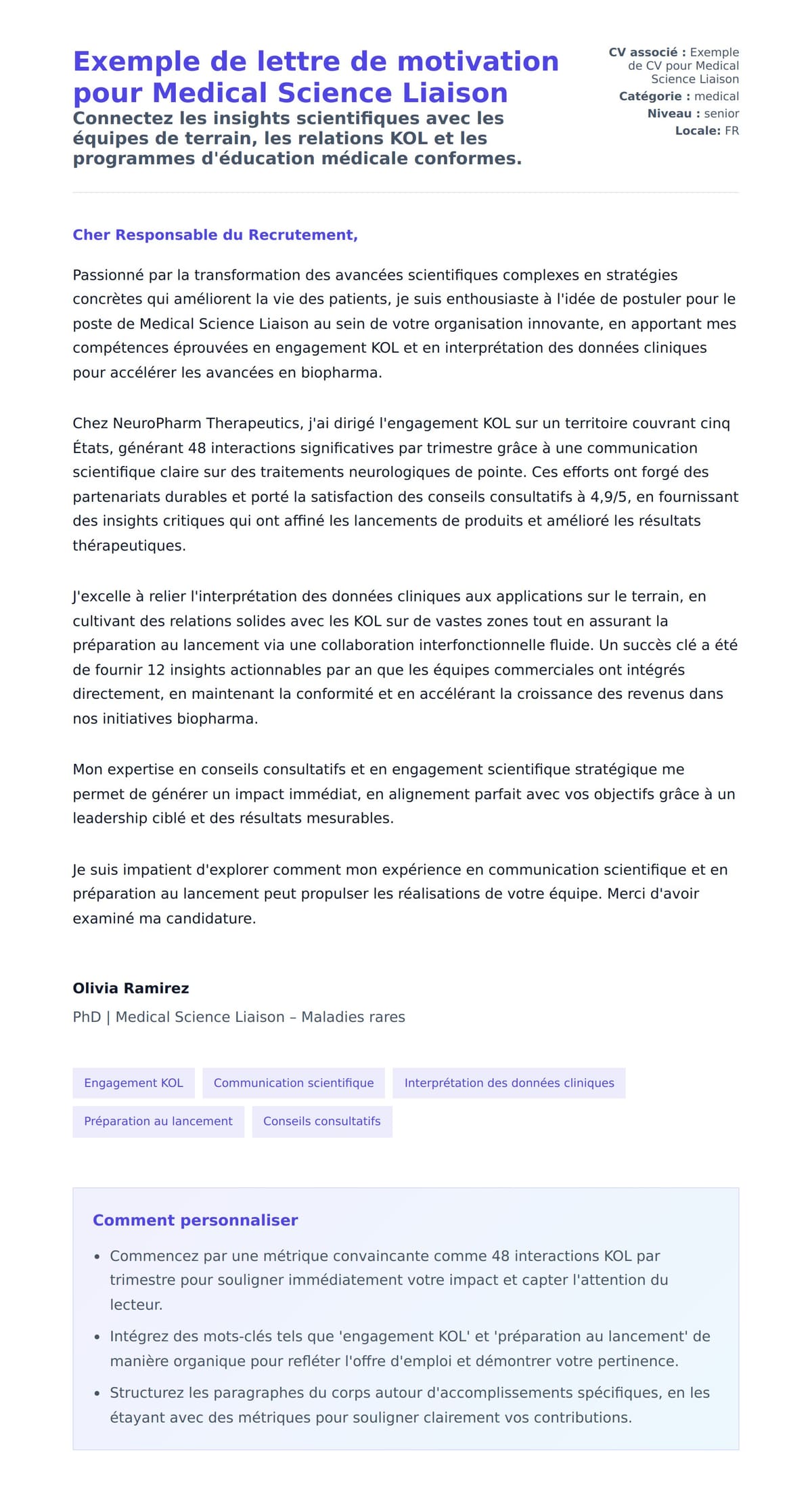 Aperçu de la lettre de motivation pour Exemple de lettre de motivation pour Medical Science Liaison