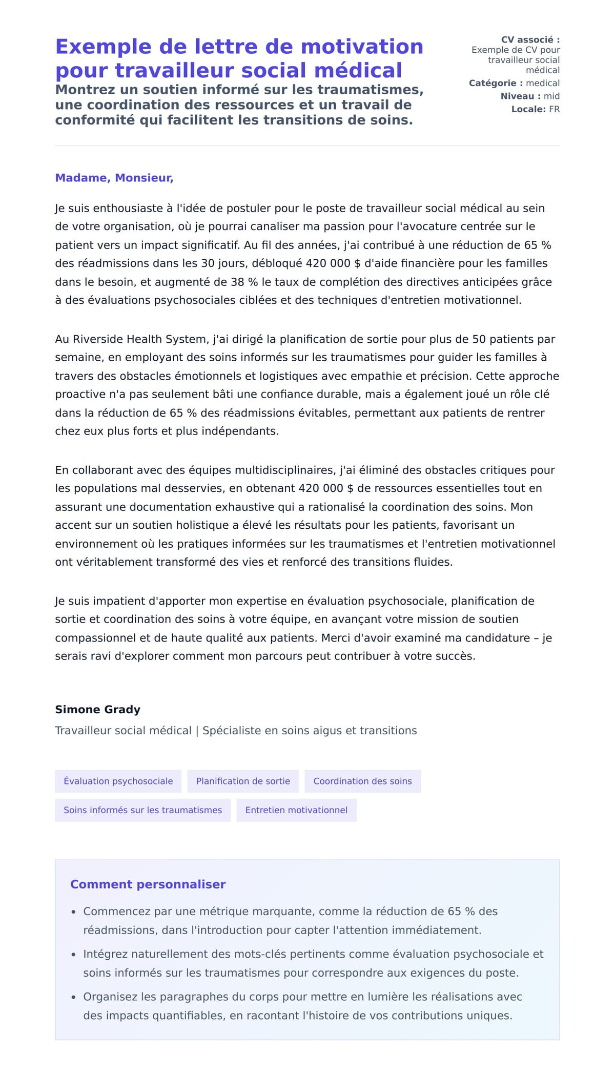 Aperçu de la lettre de motivation pour Exemple de lettre de motivation pour travailleur social médical