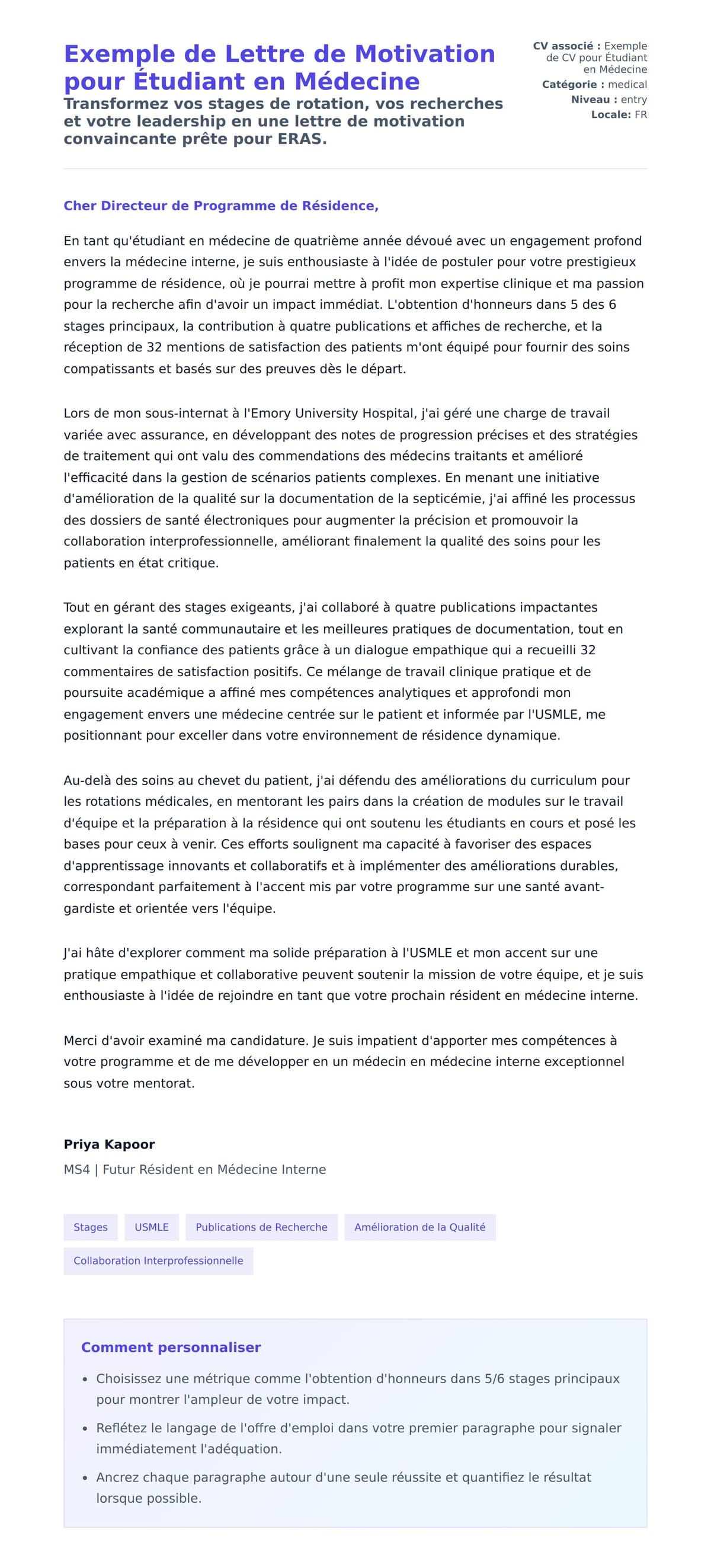 Aperçu de la lettre de motivation pour Exemple de Lettre de Motivation pour Étudiant en Médecine