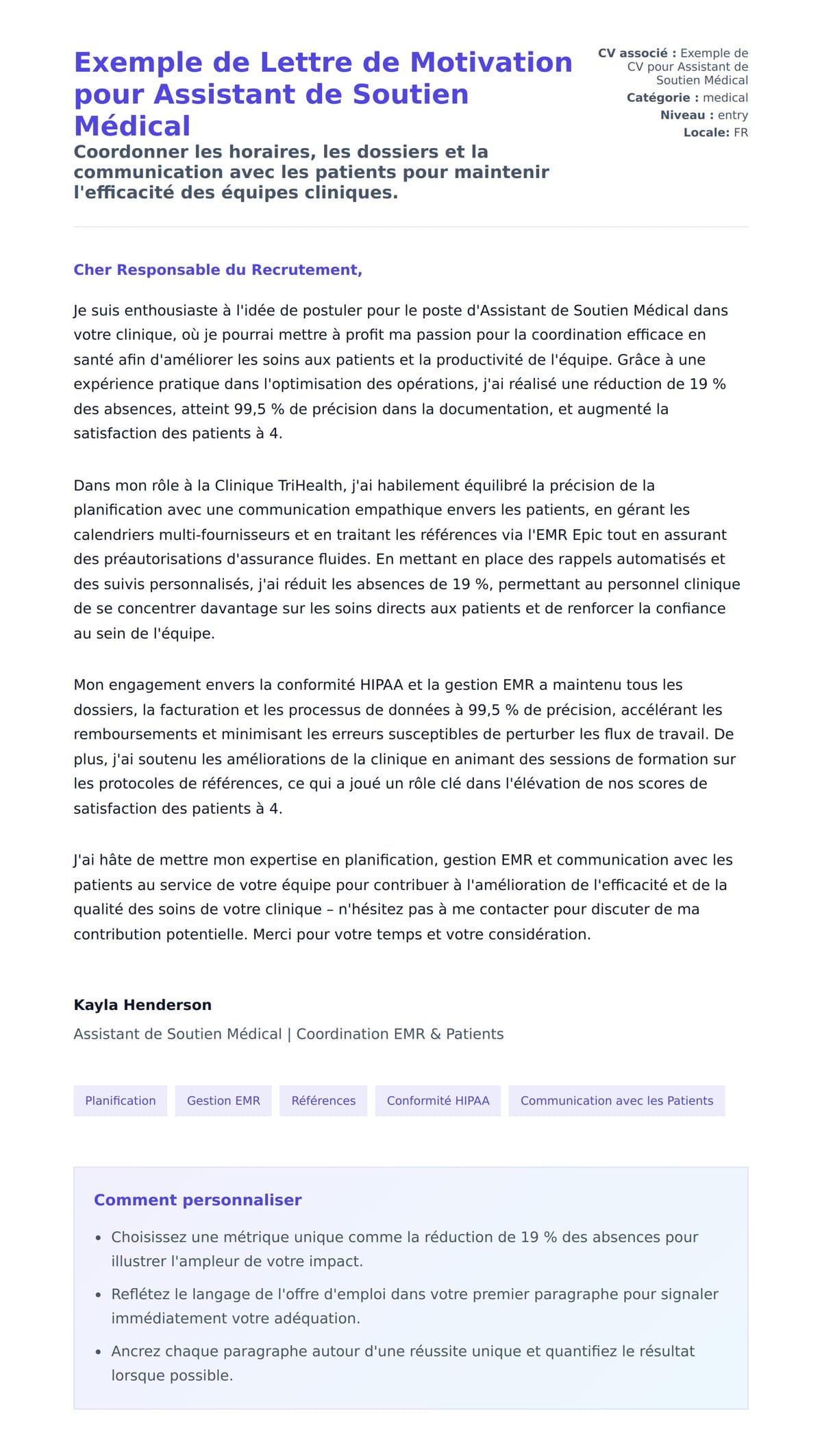 Aperçu de la lettre de motivation pour Exemple de Lettre de Motivation pour Assistant de Soutien Médical