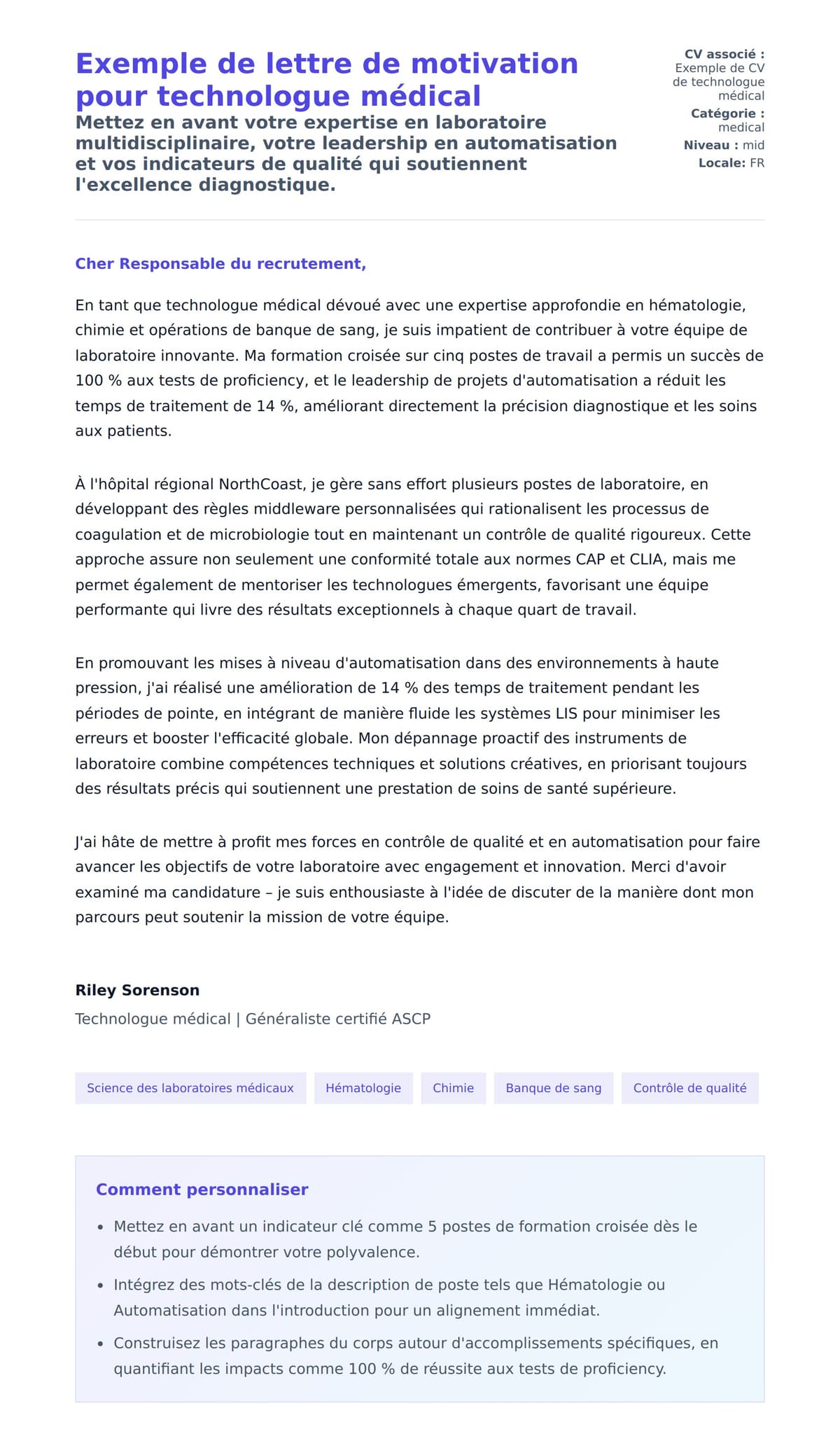 Aperçu de la lettre de motivation pour Exemple de lettre de motivation pour technologue médical