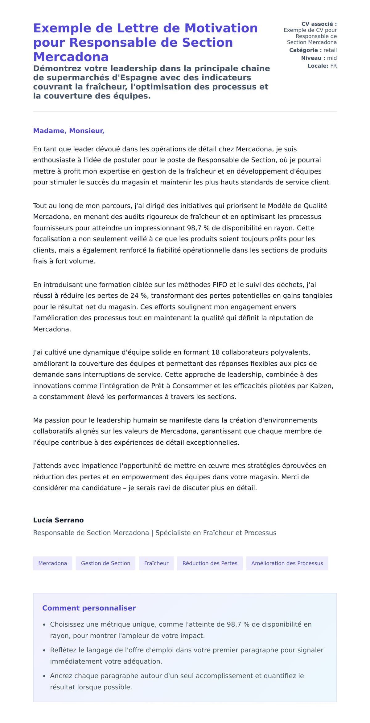 Aperçu de la lettre de motivation pour Exemple de Lettre de Motivation pour Responsable de Section Mercadona