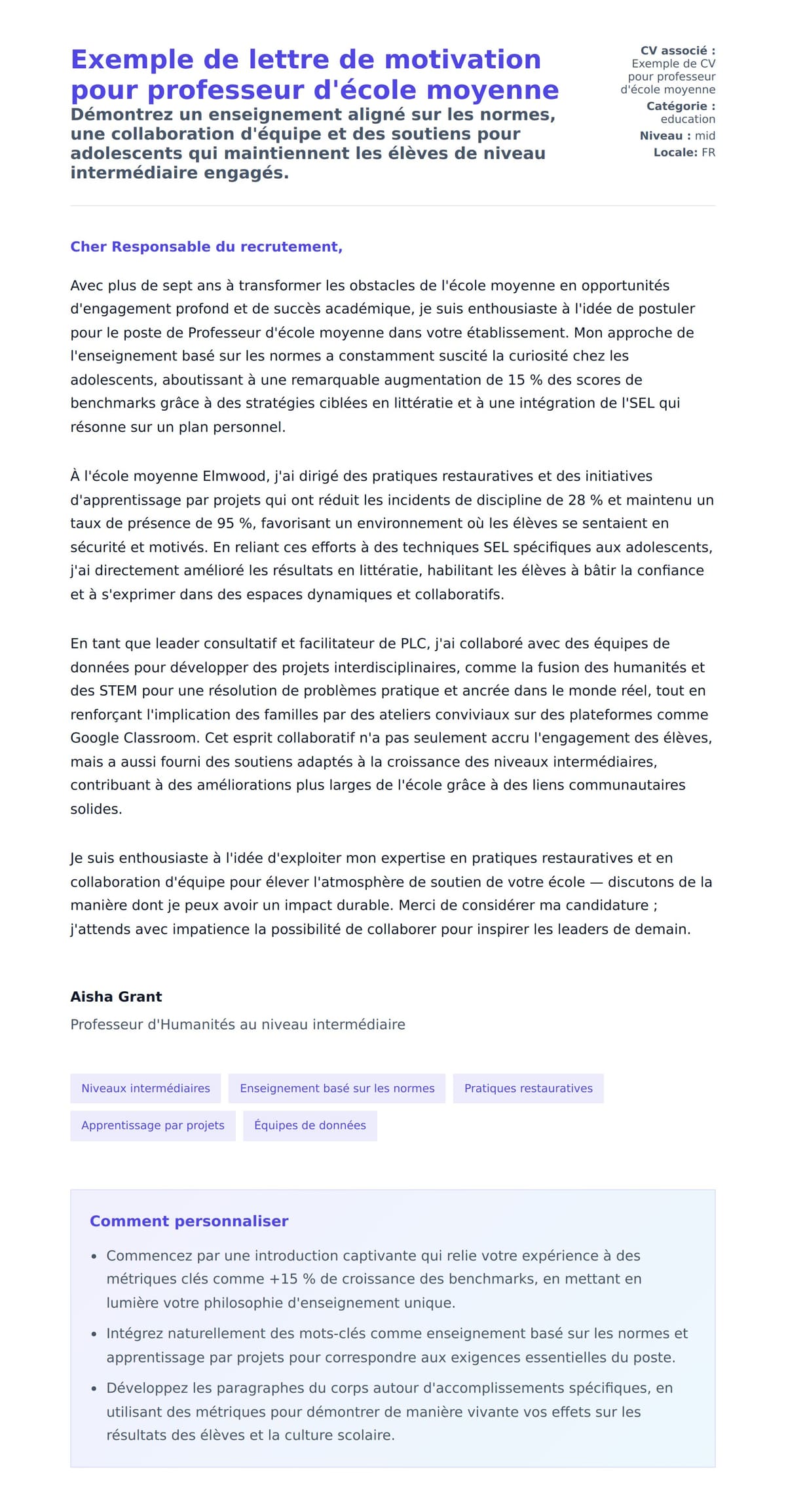 Aperçu de la lettre de motivation pour Exemple de lettre de motivation pour professeur d'école moyenne
