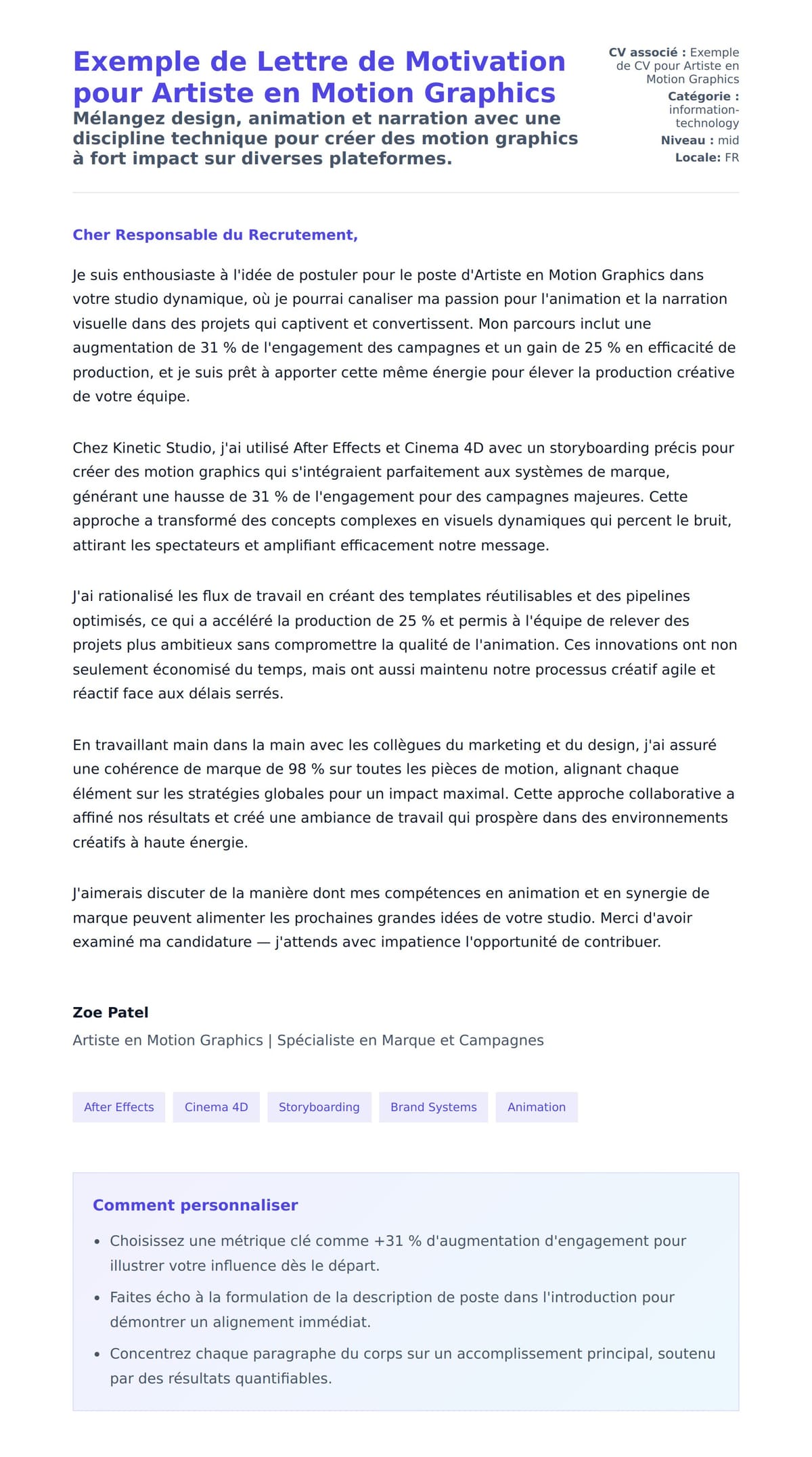 Aperçu de la lettre de motivation pour Exemple de Lettre de Motivation pour Artiste en Motion Graphics