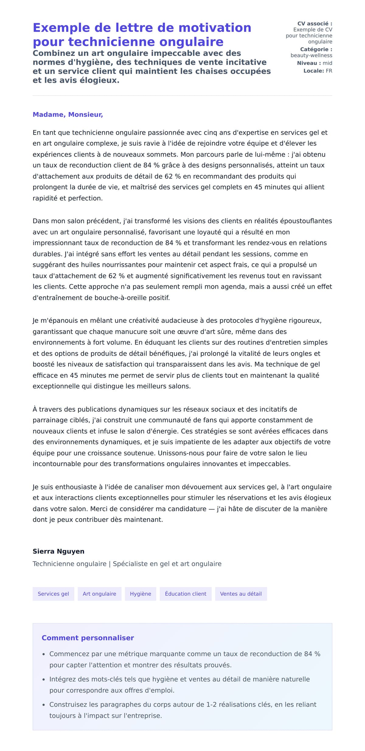 Aperçu de la lettre de motivation pour Exemple de lettre de motivation pour technicienne ongulaire