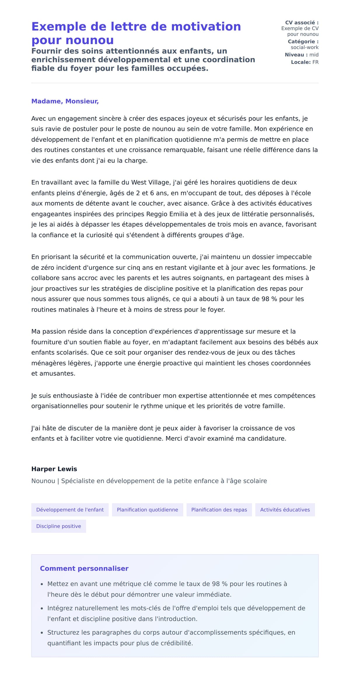 Aperçu de la lettre de motivation pour Exemple de lettre de motivation pour nounou