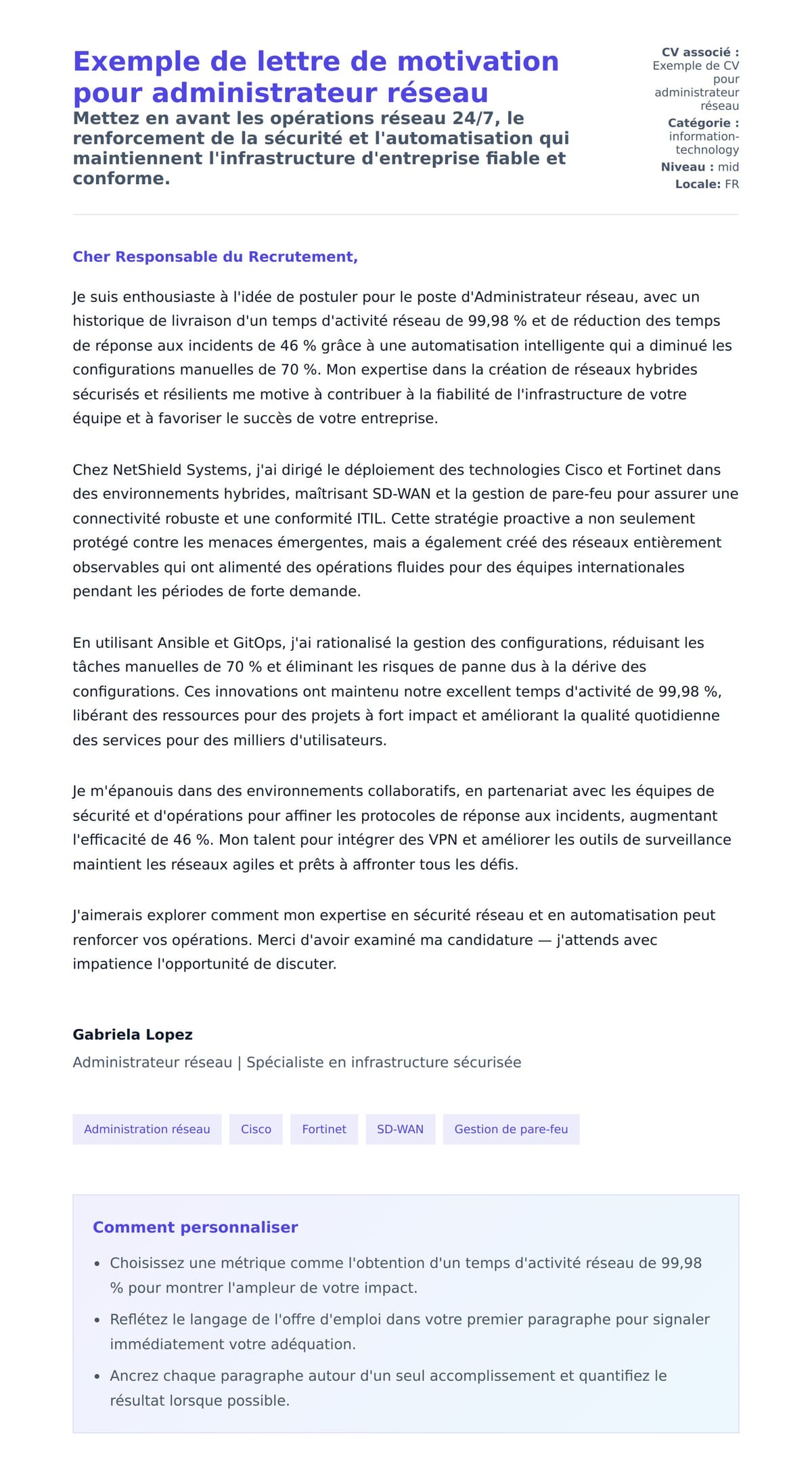 Aperçu de la lettre de motivation pour Exemple de lettre de motivation pour administrateur réseau